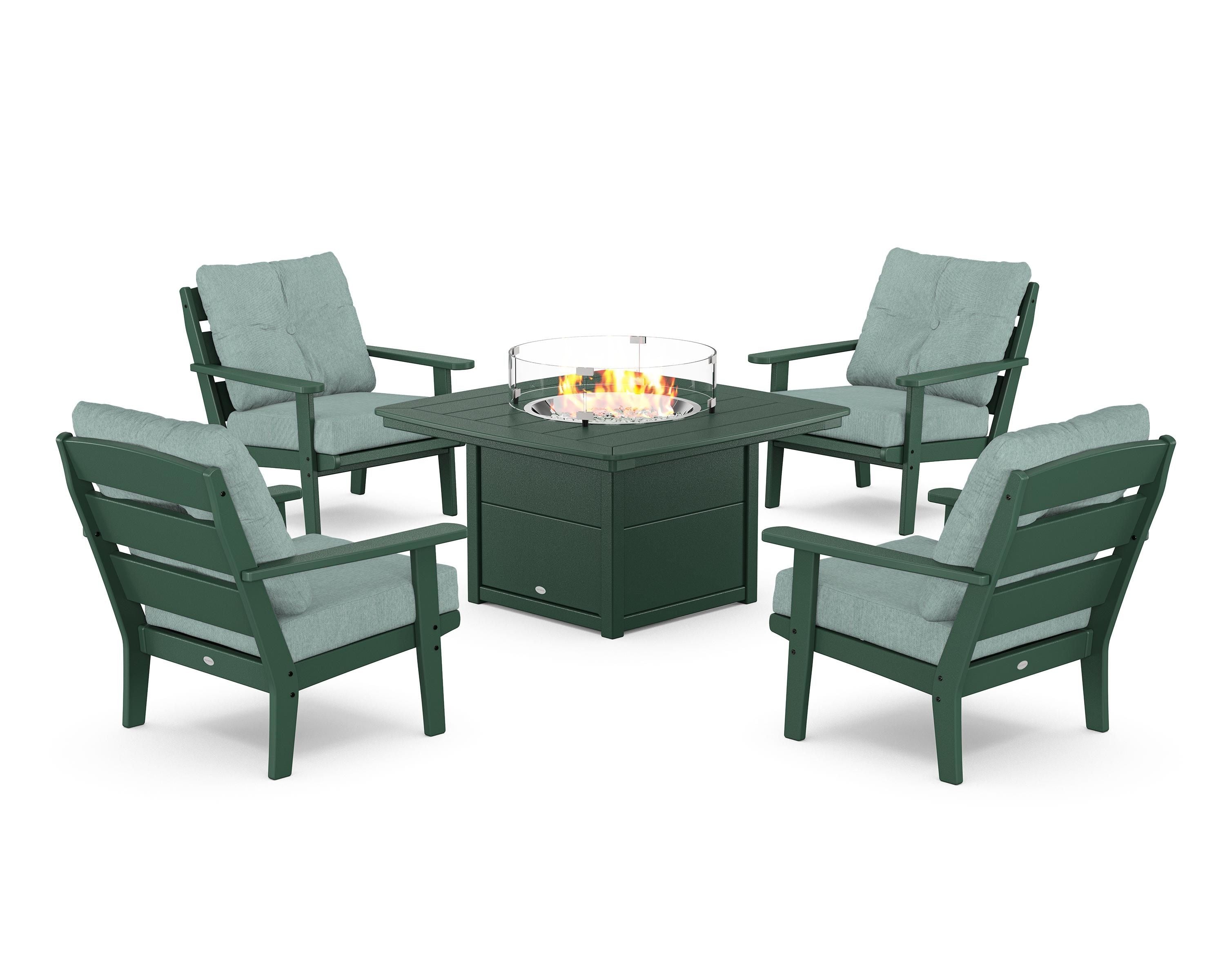 POLYWOOD® Lakeside 5-Piece Deep Seating Set with Nautical Fire Pit Table in Green / Glacier Spa