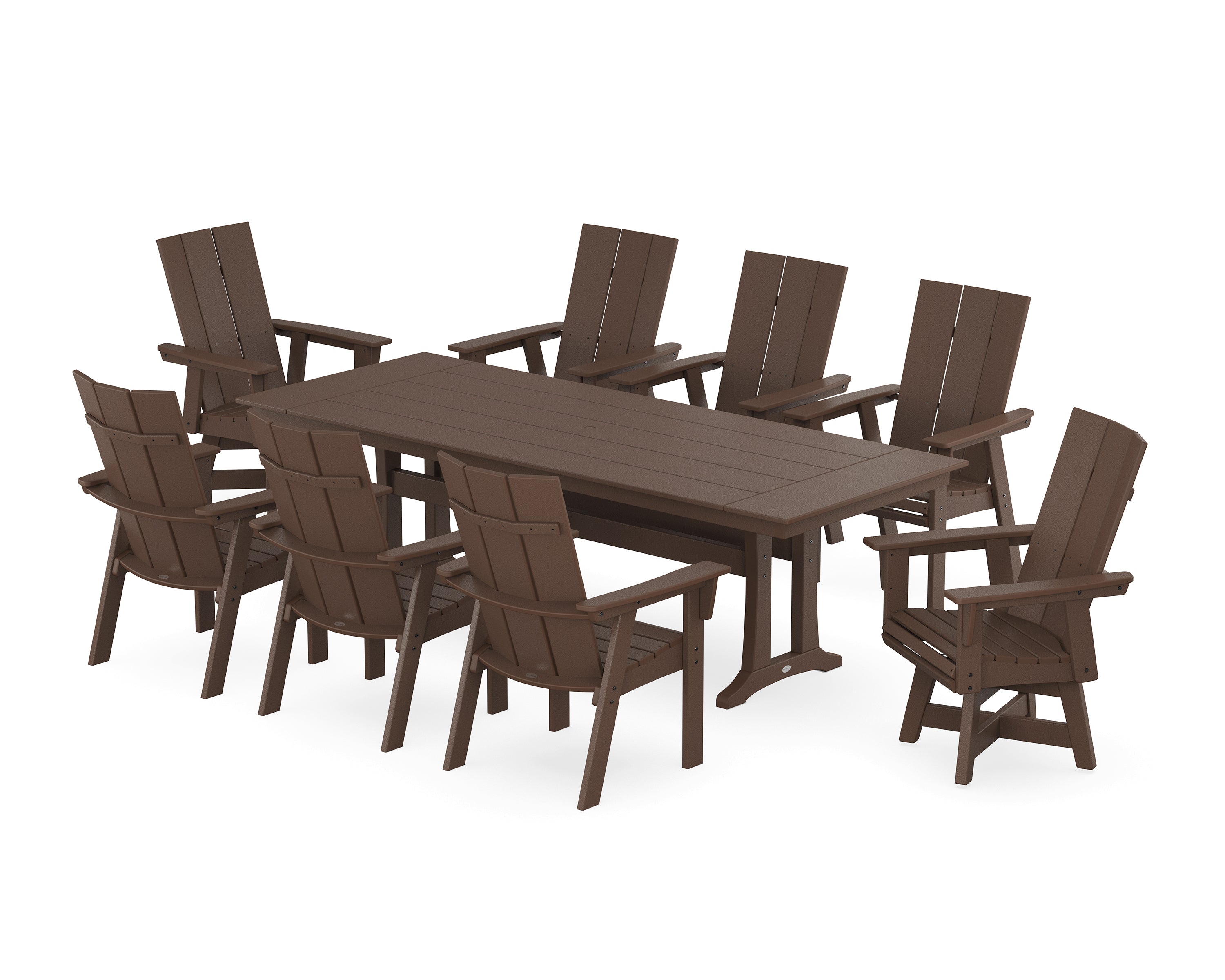 POLYWOOD® Modern Curveback Adirondack Swivel 9-Piece Farmhouse Dining Set with Trestle Legs in Mahogany