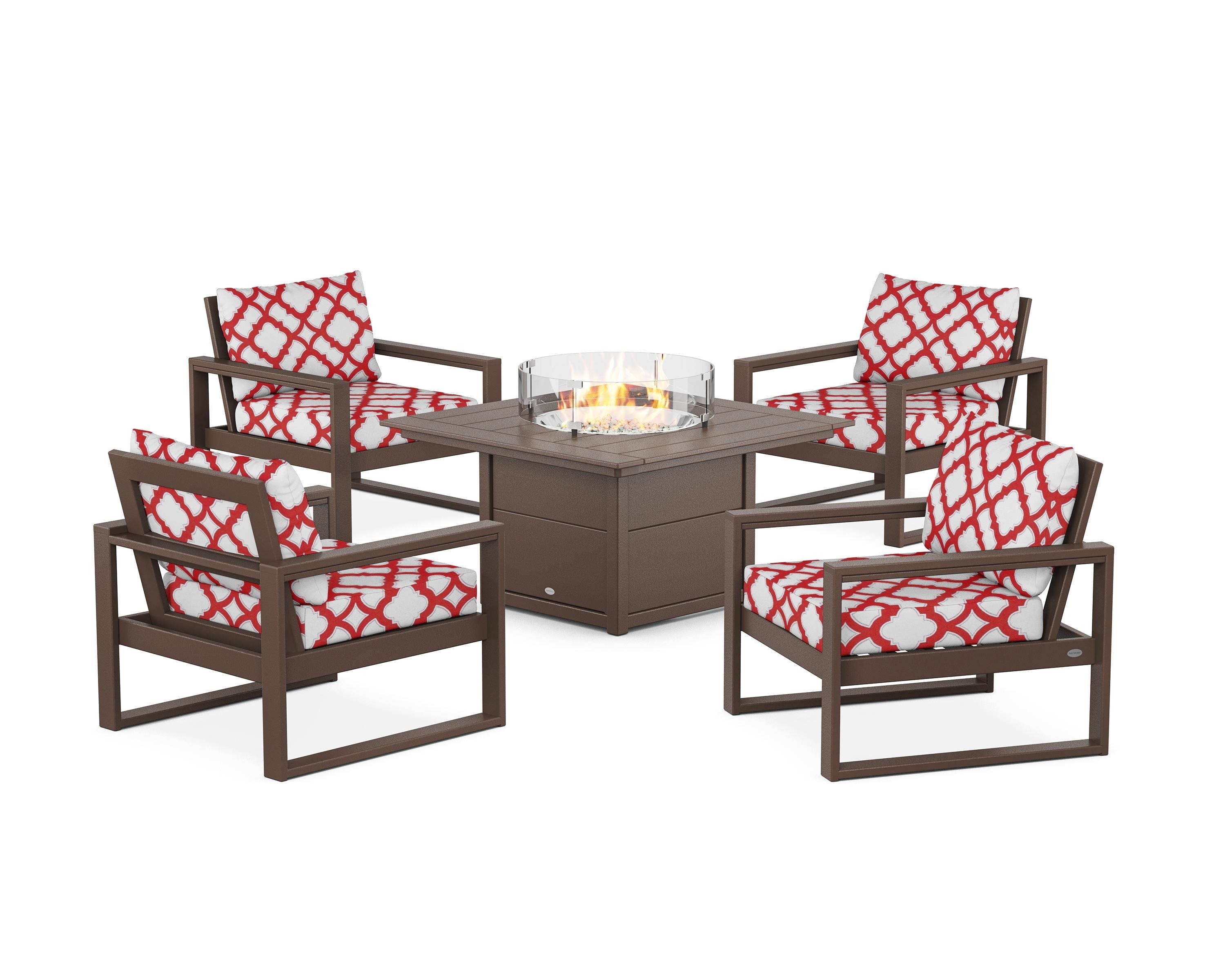 POLYWOOD® EDGE Sectional 5-Piece Deep Seating Set with Fire Pit Table in Mahogany / Trellis Crimson