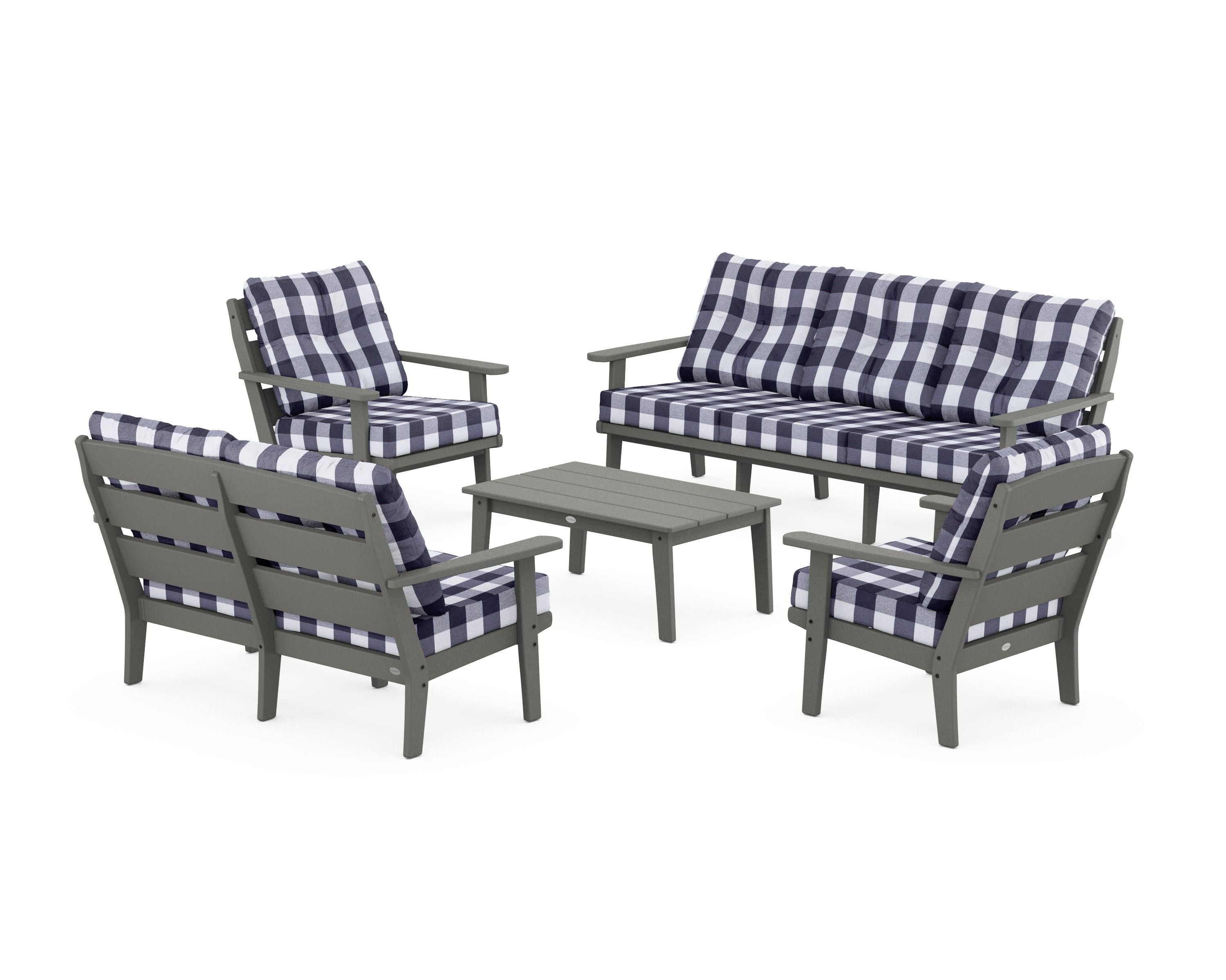POLYWOOD® Lakeside 5-Piece Lounge Sofa Set in Slate Grey / Buffalo Plaid Navy