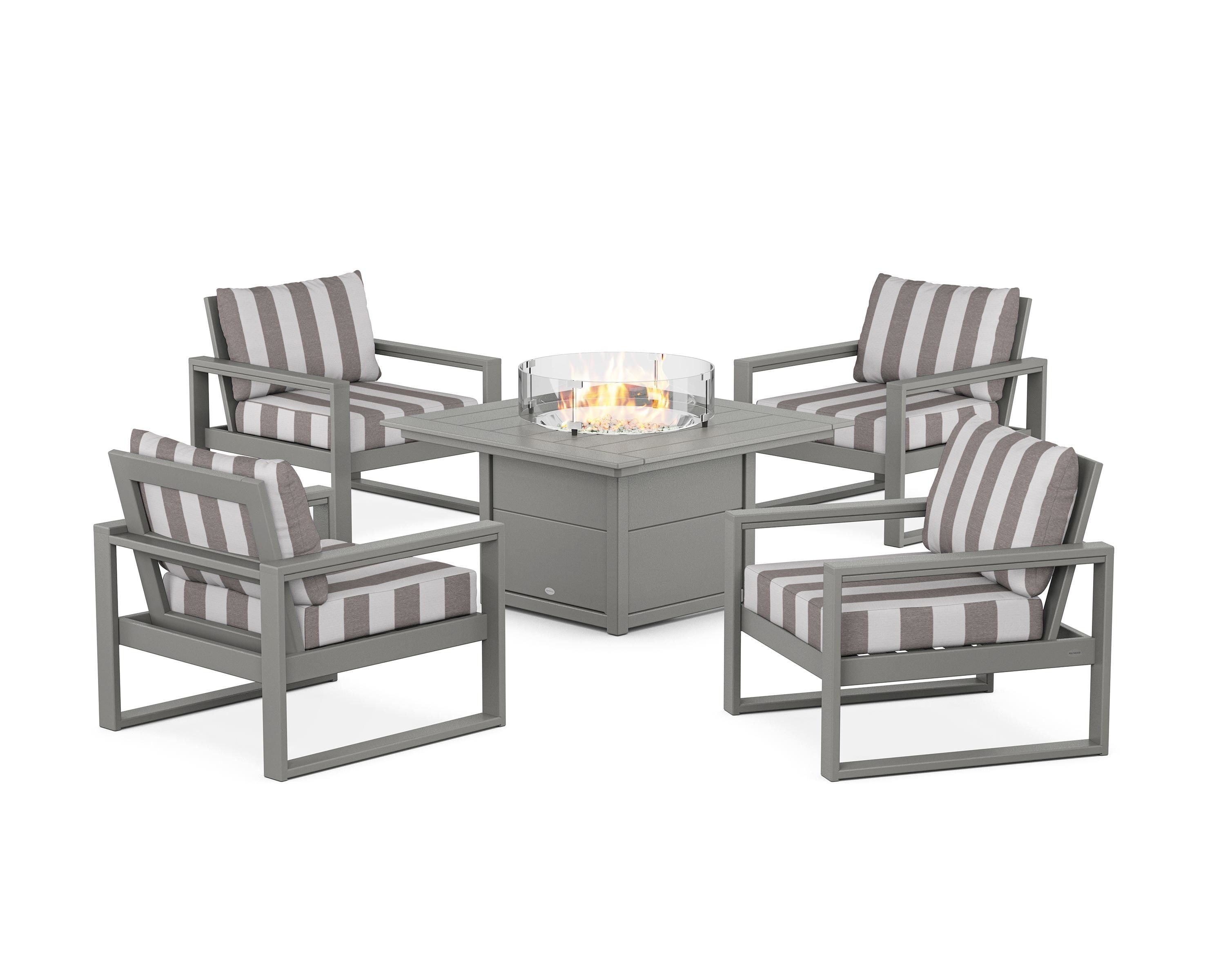 POLYWOOD® EDGE Sectional 5-Piece Deep Seating Set with Fire Pit Table in Slate Grey / Cabana Stripe Grey Mist