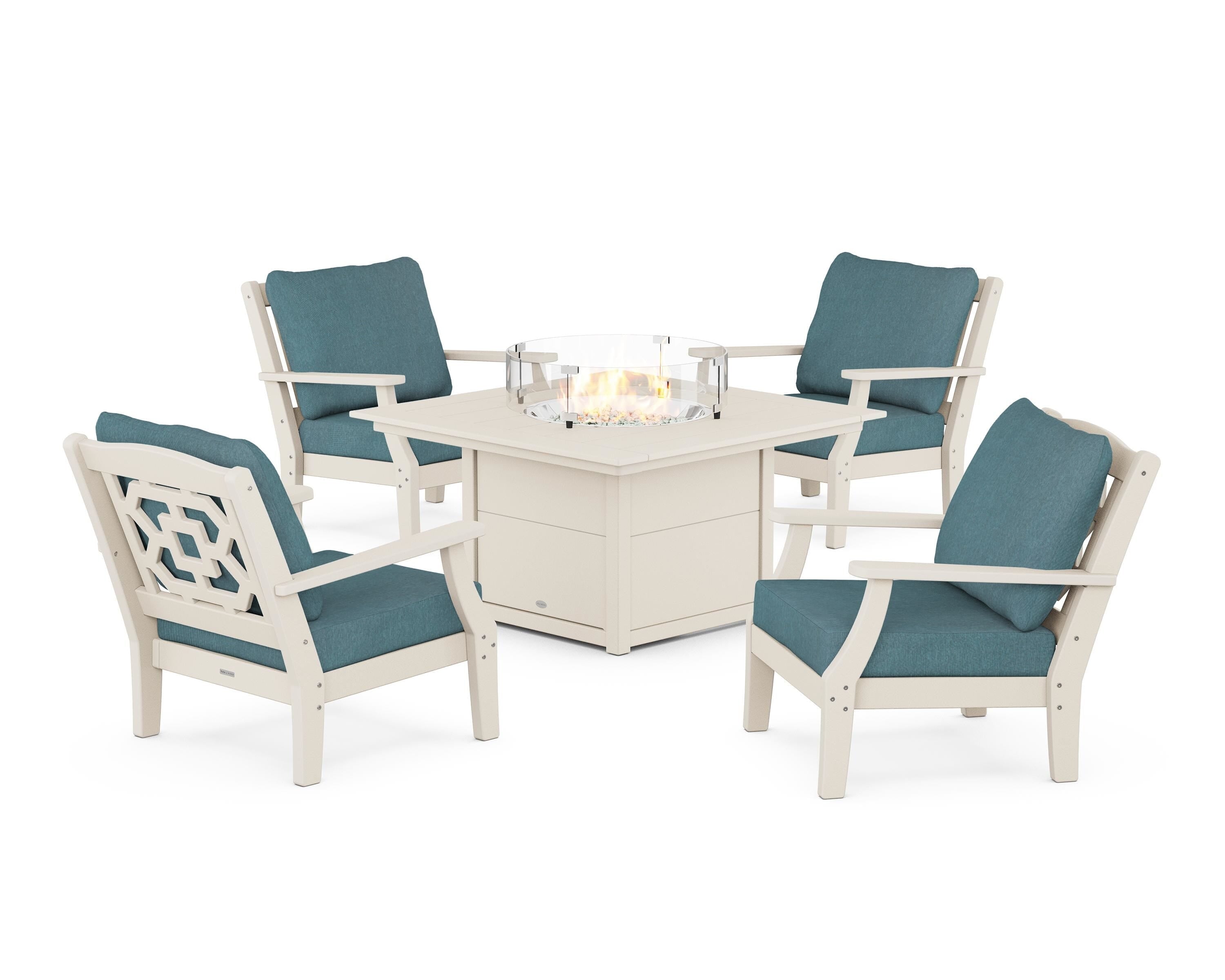 Martha Stewart by POLYWOOD® Chinoiserie 5-Piece Deep Seating Set with Fire Pit Table in Sand / Ocean Teal