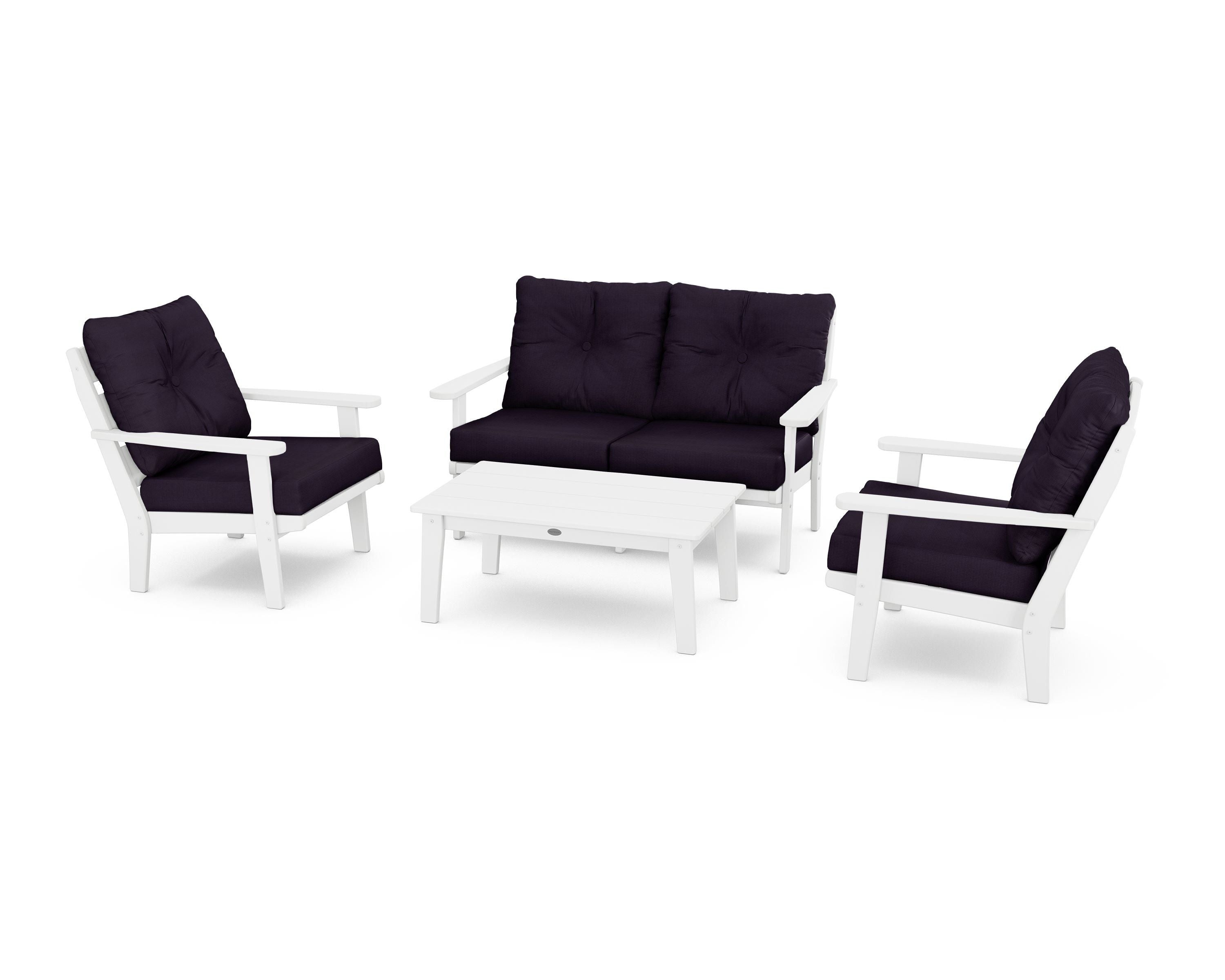POLYWOOD® Lakeside 4-Piece Deep Seating Set in White / Navy Linen
