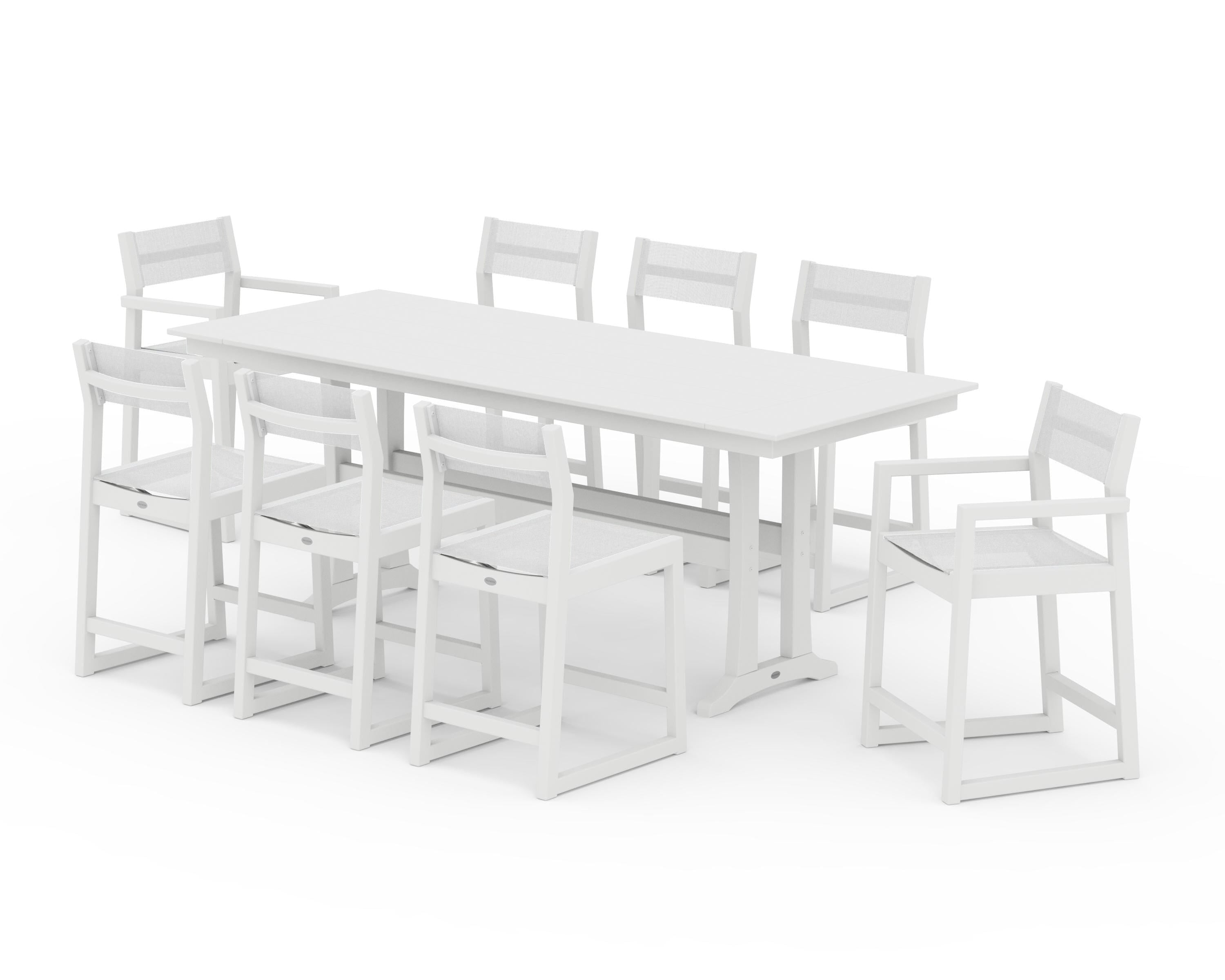 POLYWOOD® EDGE Sling 9-Piece Farmhouse Counter Set with Trestle Legs in White / White Sling