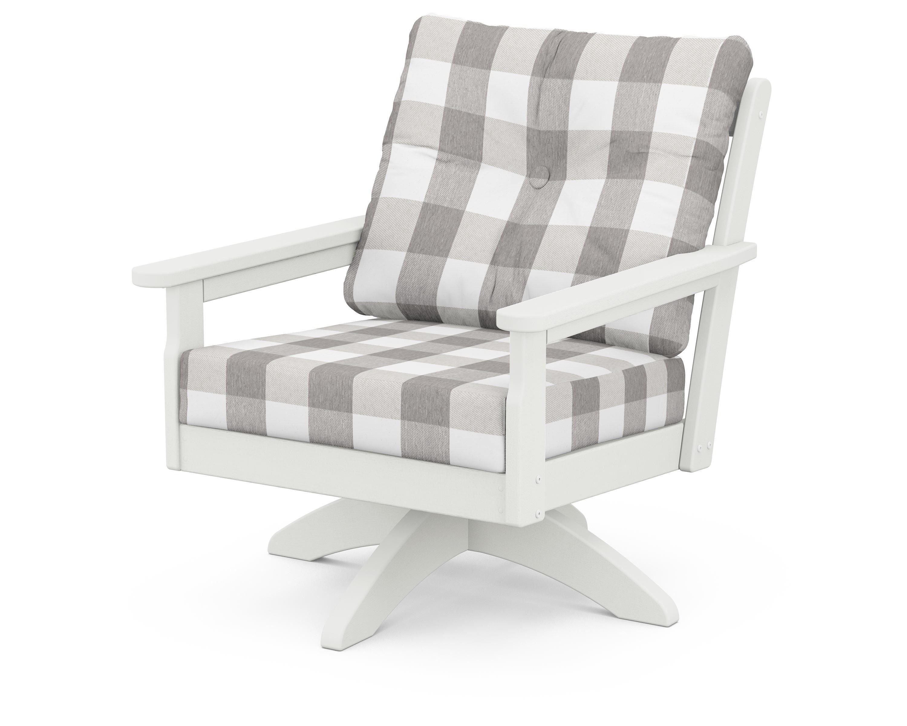 POLYWOOD® Vineyard Deep Seating Swivel Chair in Vintage White / Buffalo Plaid Grey Mist