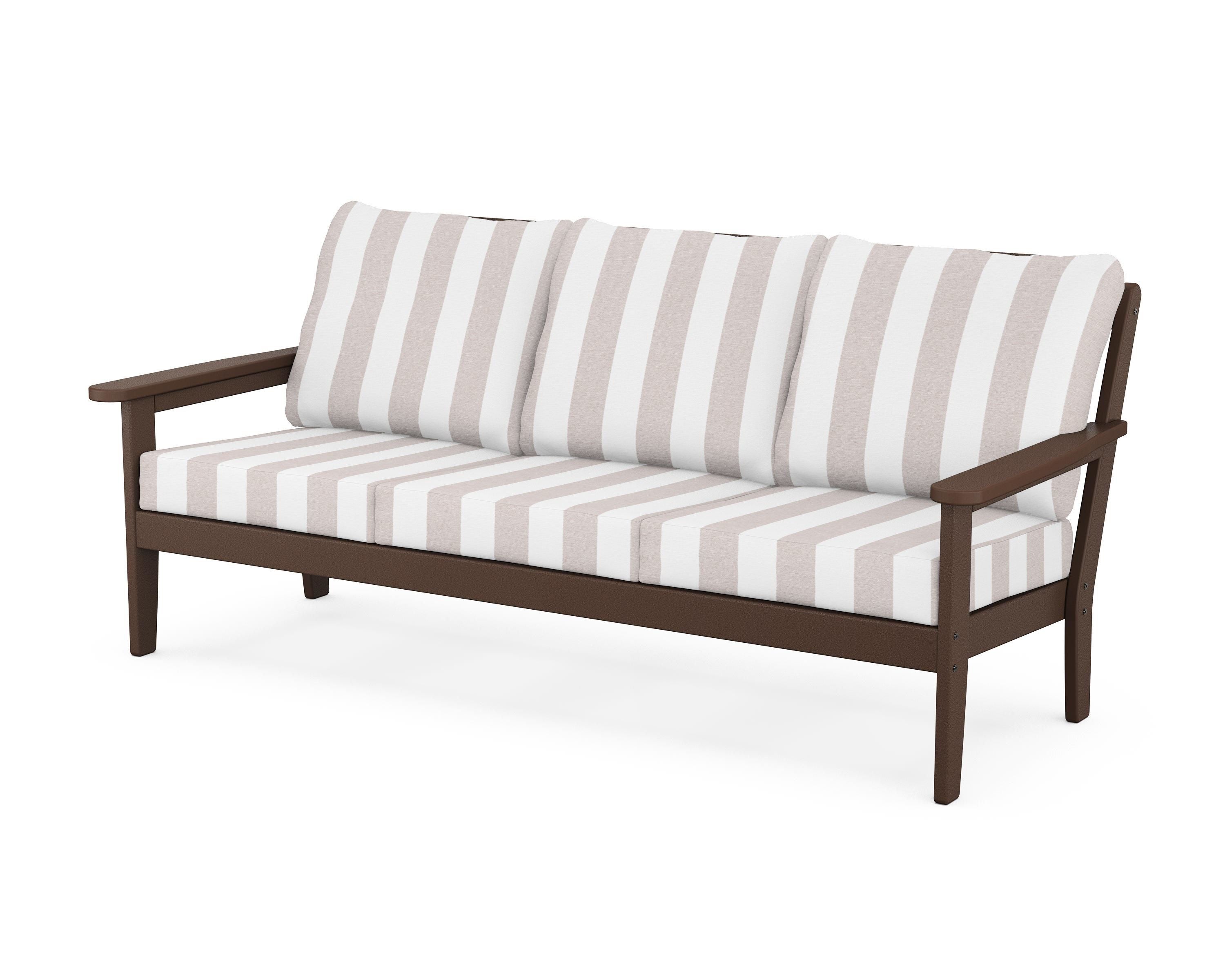 Country Living Cottage Deep Seating Sofa in Mahogany / Cabana Stripe Dune Burlap