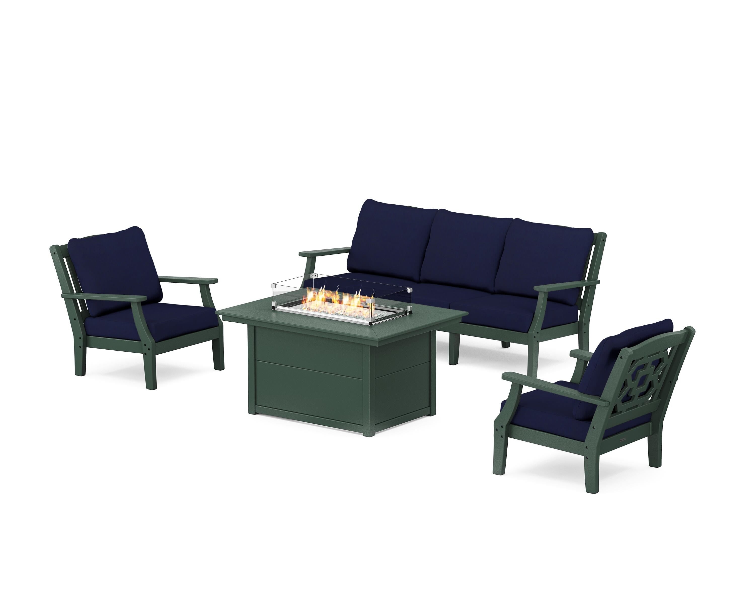 Martha Stewart by POLYWOOD® Chinoiserie Deep Seating Fire Pit Table Set in Green / Navy