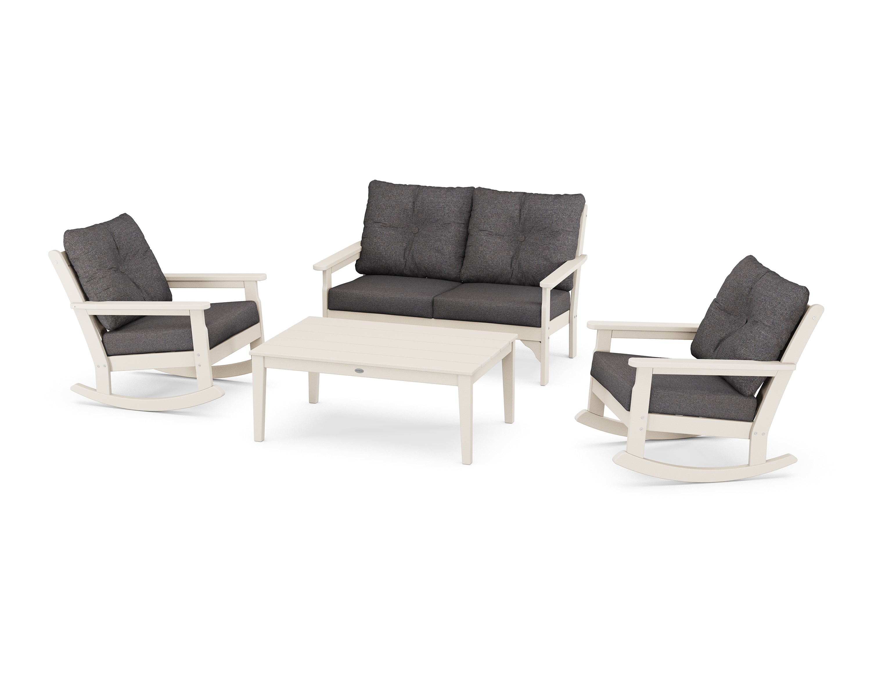 POLYWOOD® Vineyard 4-Piece Deep Seating Rocking Chair Set in Sand / Ash Charcoal