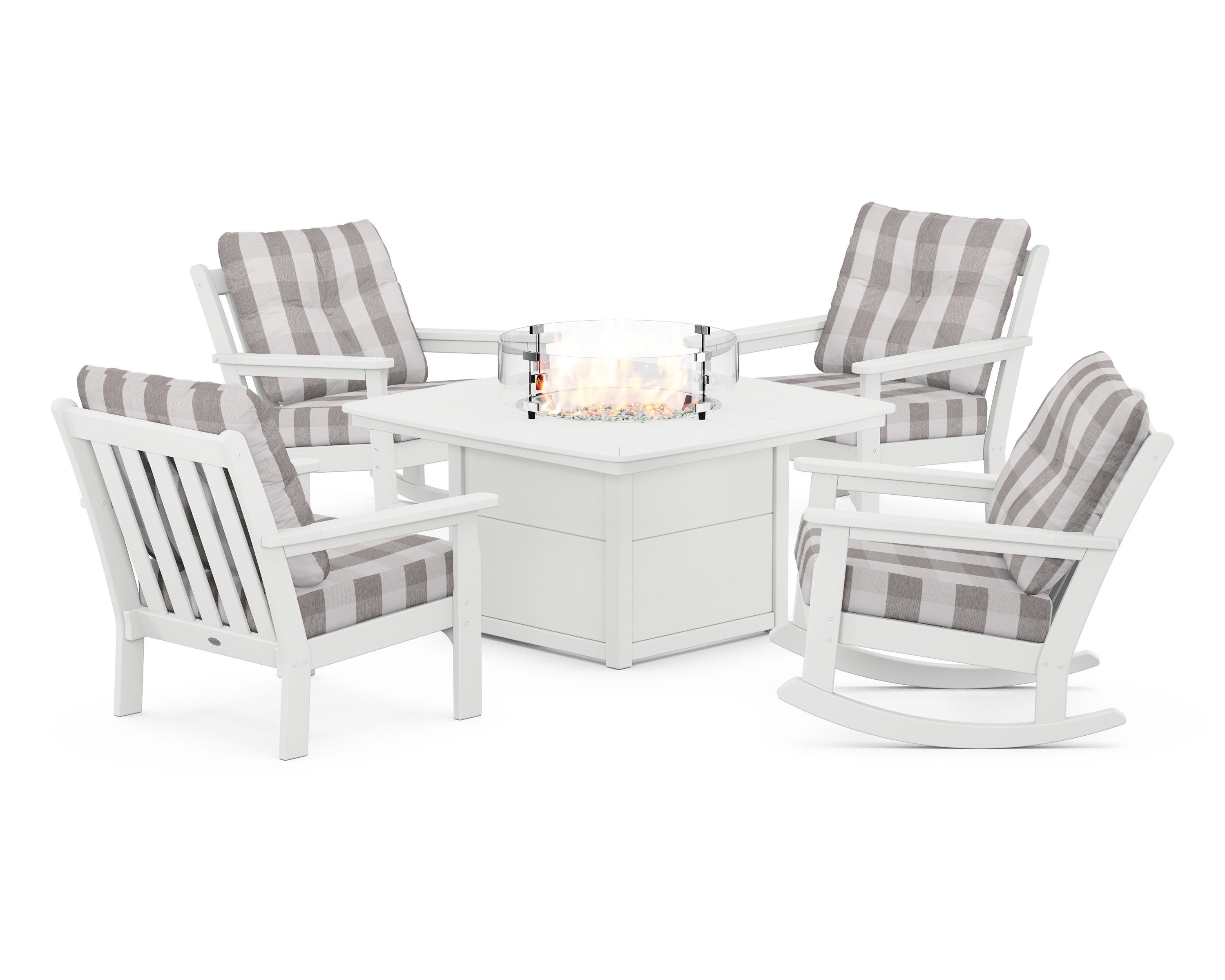 POLYWOOD® Vineyard 5-Piece Deep Seating Rocking Chair Conversation Set with Fire Pit Table in White / Buffalo Plaid Grey Mist