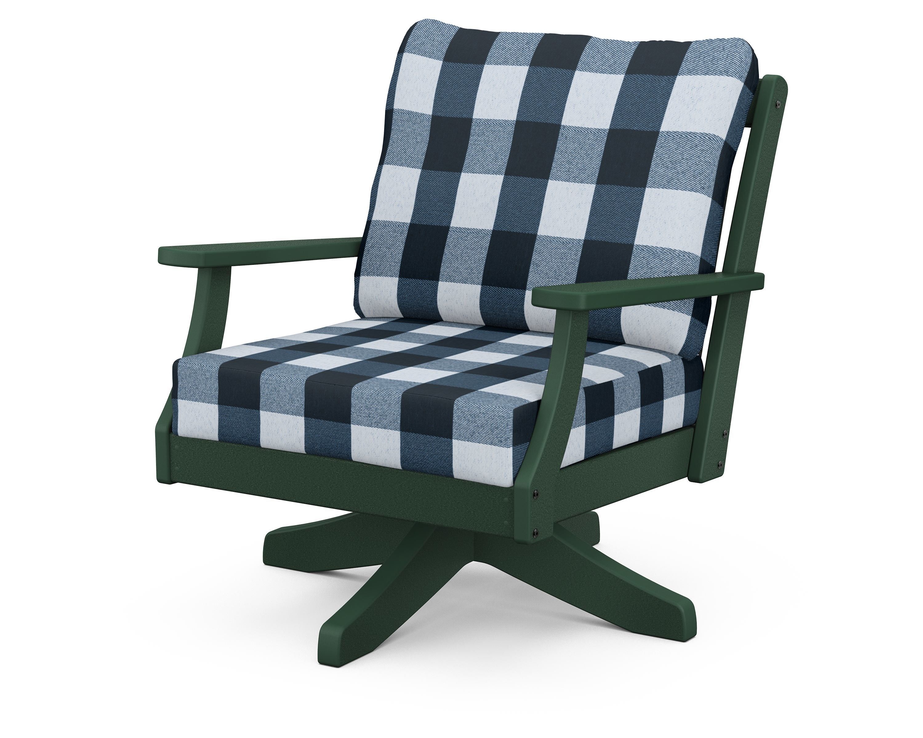 POLYWOOD® Braxton Deep Seating Swivel Chair in Green / Buffalo Plaid Marine Indigo