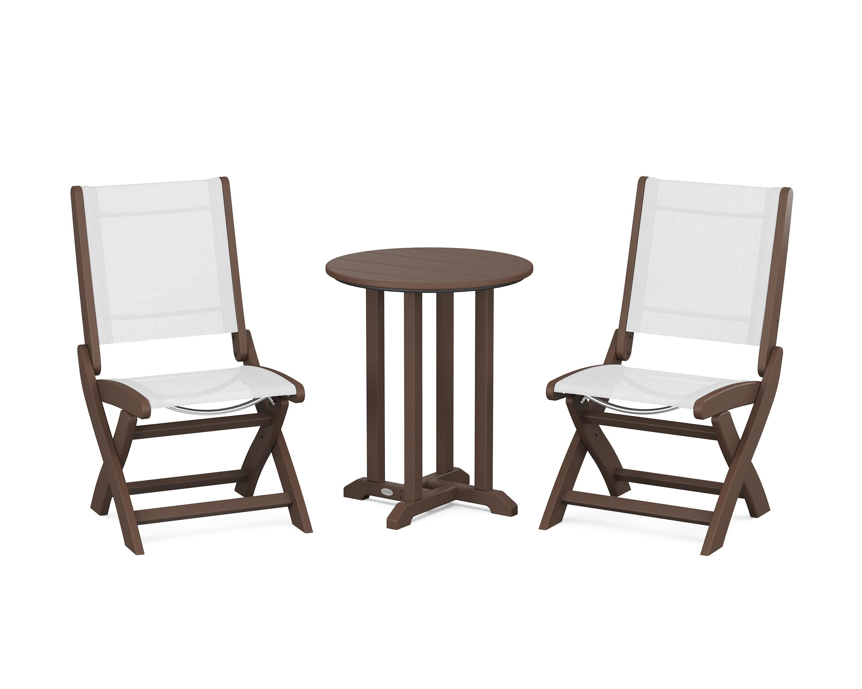 POLYWOOD® Coastal Folding Side Chair 3-Piece Round Bistro Dining Set in Mahogany / White Sling
