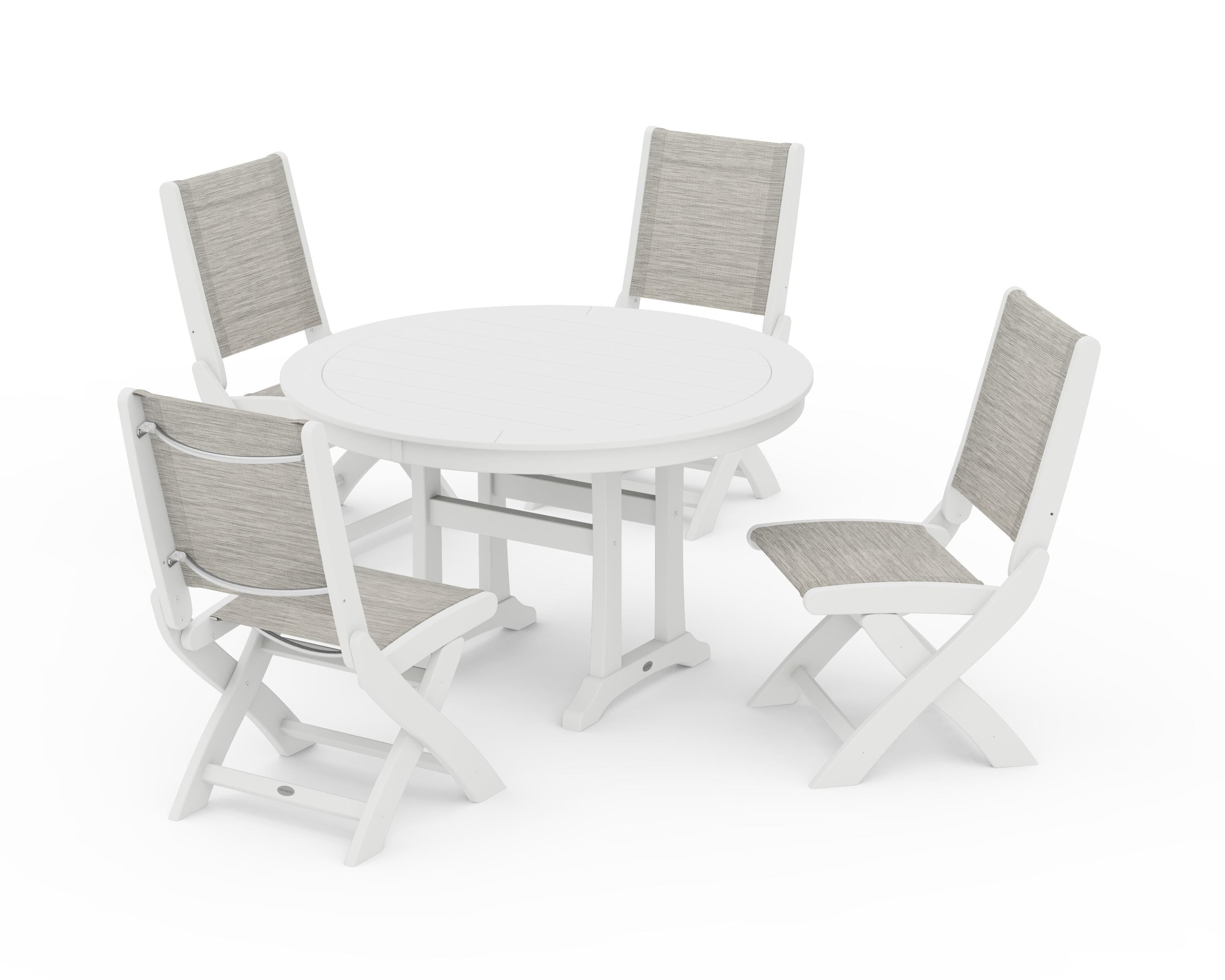 POLYWOOD® Coastal Folding Side Chair 5-Piece Round Dining Set With Trestle Legs in White / Birch Sling
