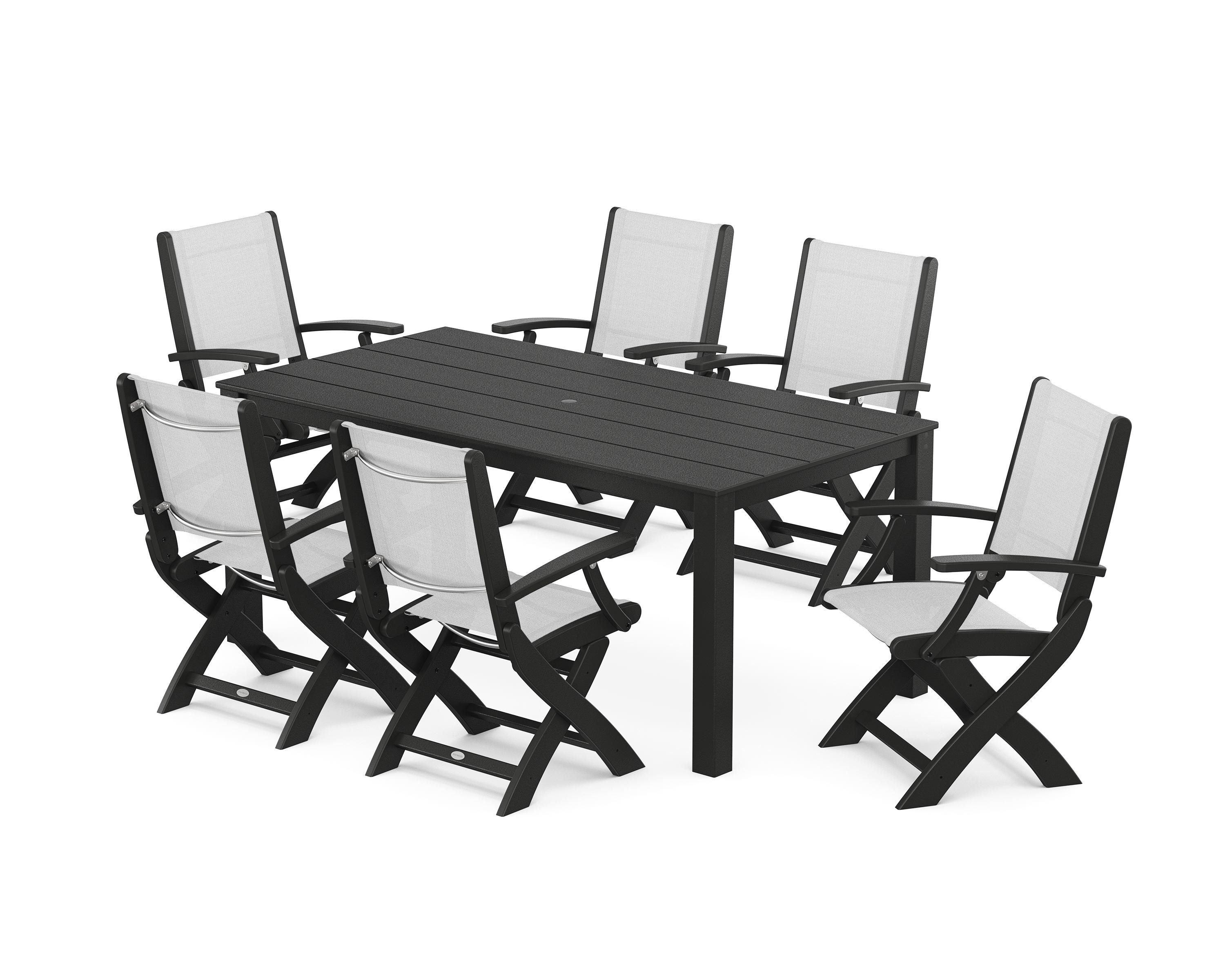 POLYWOOD® Coastal Folding Chair 7-Piece Parsons Dining Set in Black / White Sling