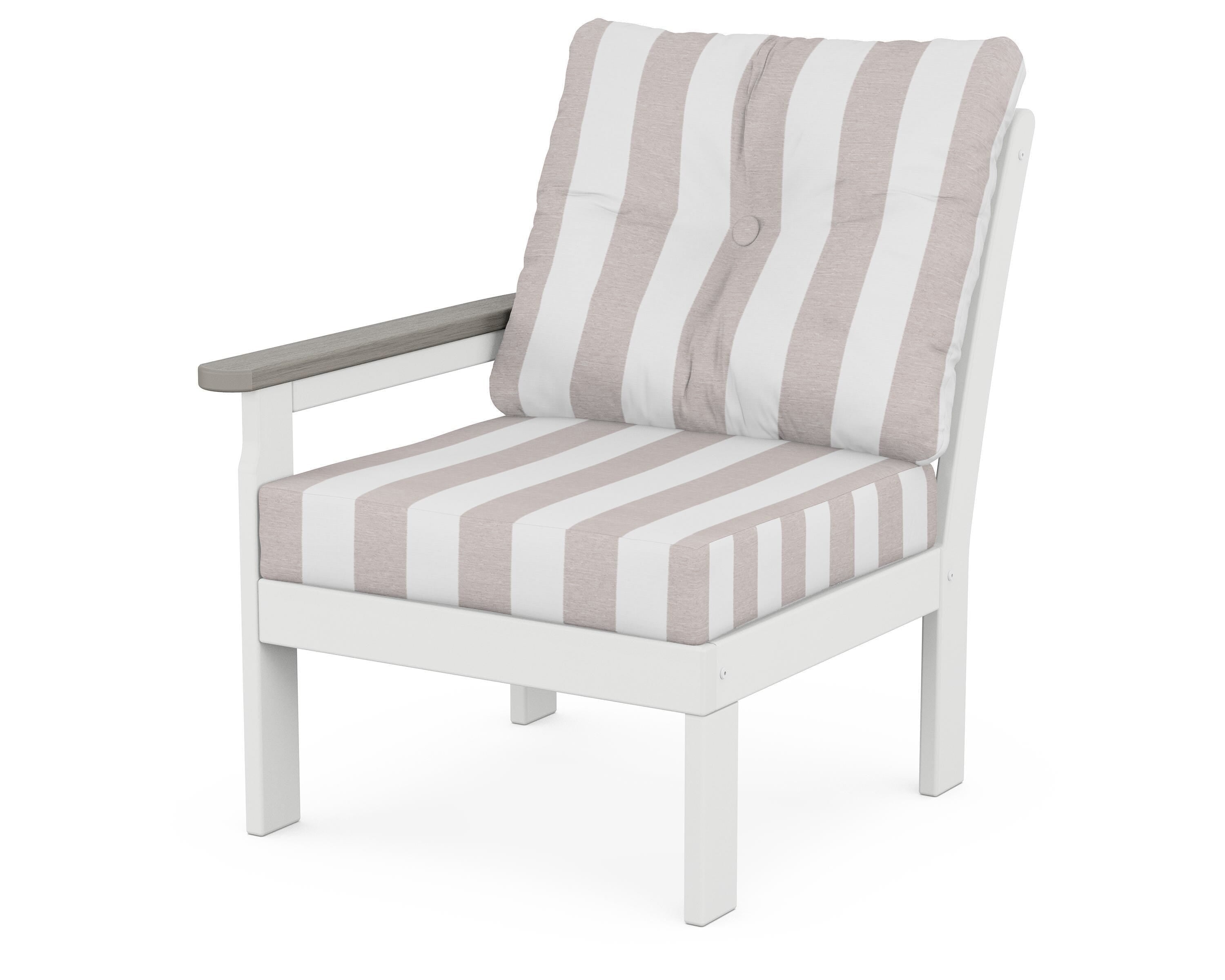 POLYWOOD® Vineyard Modular Left Arm Chair in White / Driftwood / Cabana Stripe Dune Burlap