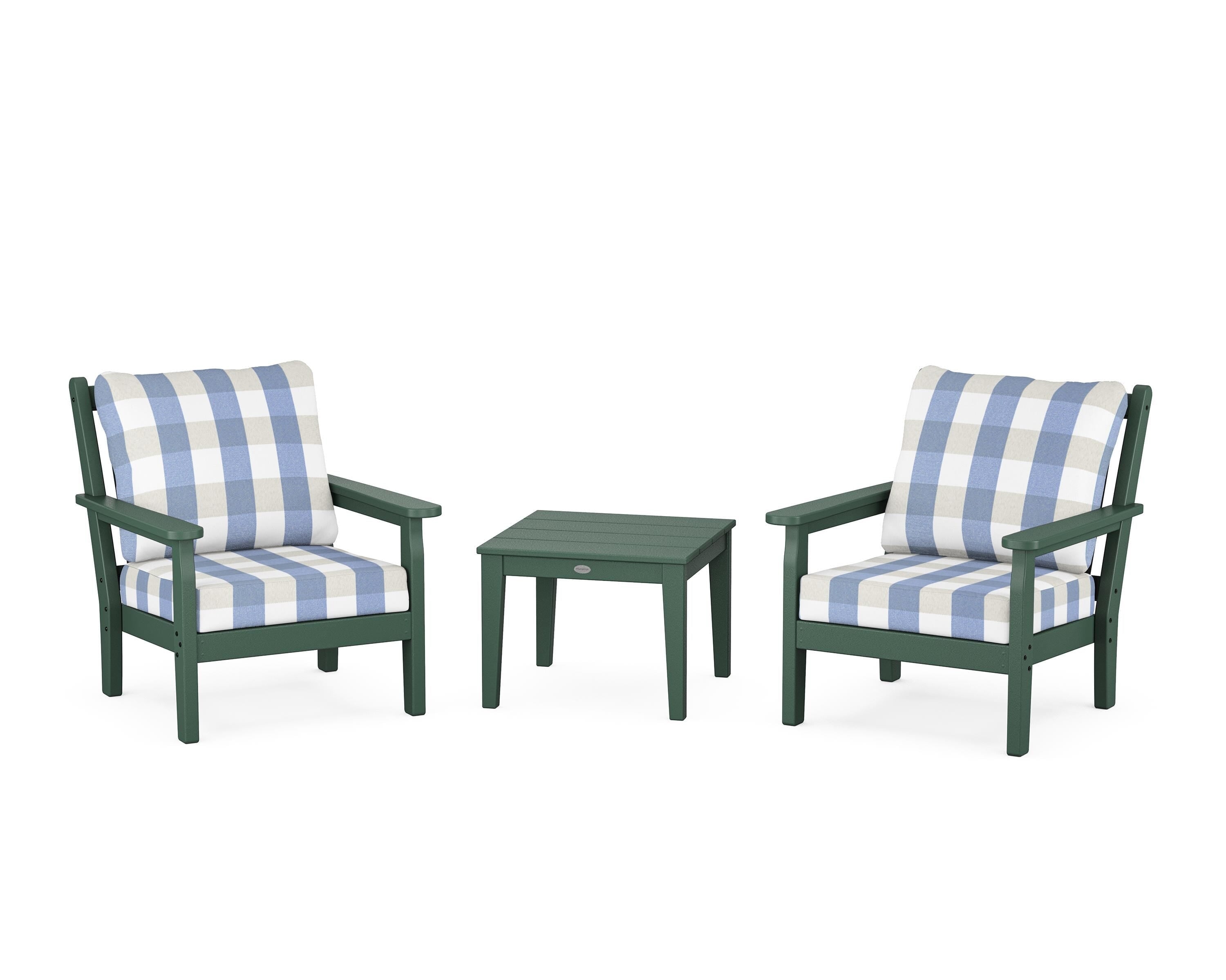 POLYWOOD® Chippendale 3-Piece Deep Seating Set in Green / Buffalo Plaid Sky Blue