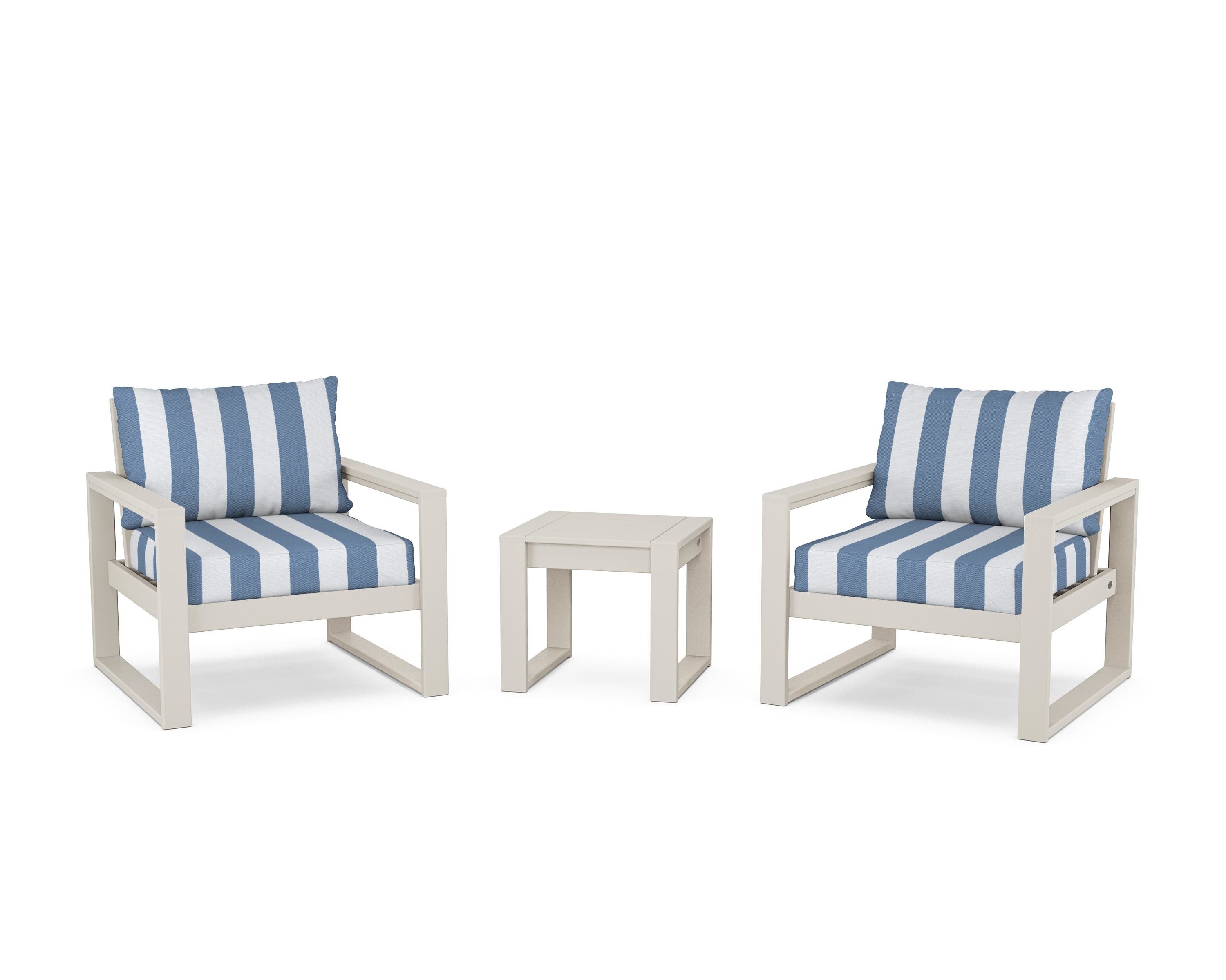 POLYWOOD® EDGE Sectional 3-Piece Deep Seating Set in Sand / Cabana Stripe Sky Blue