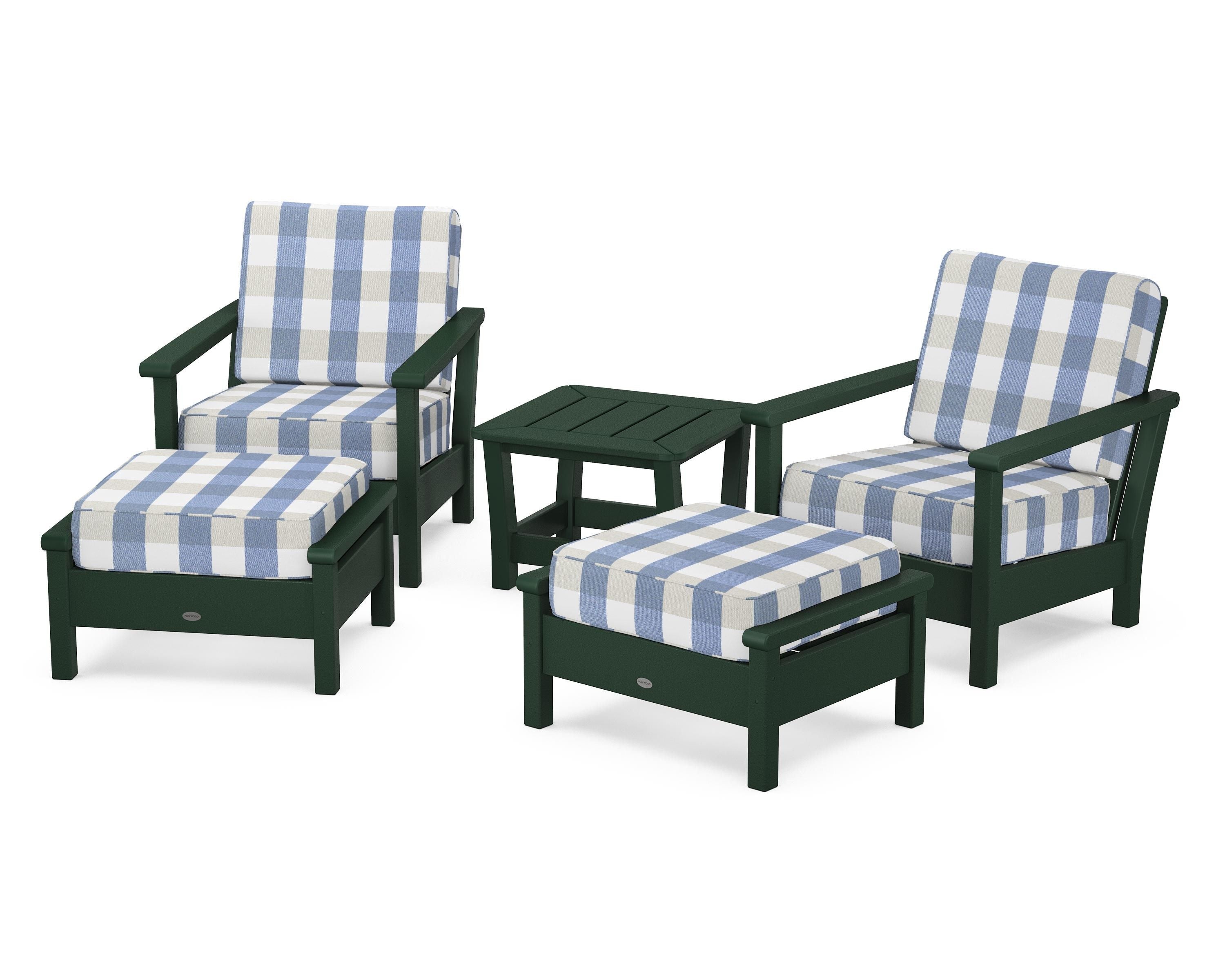 POLYWOOD® Harbour 5-Piece Deep Seating Chair Set in Green / Buffalo Plaid Sky Blue