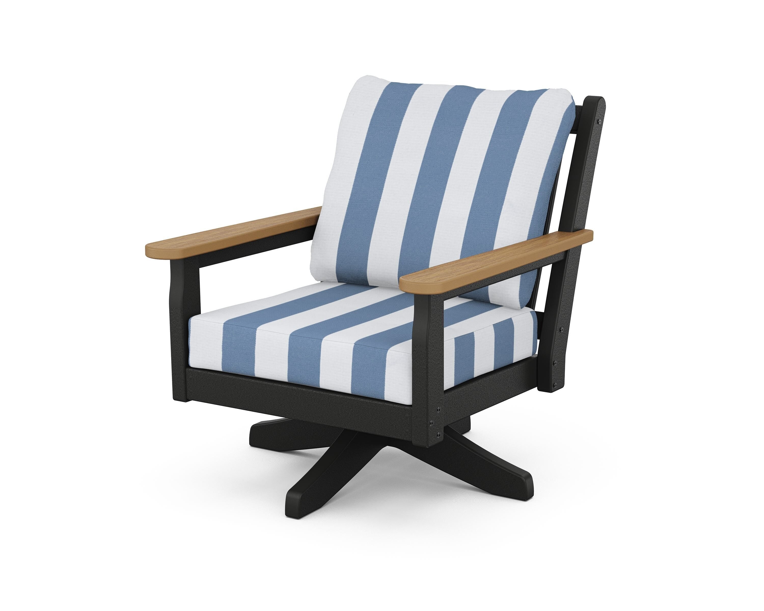 POLYWOOD® Chippendale Deep Seating Swivel Chair in Black / Natural / Cabana Stripe Sky Blue