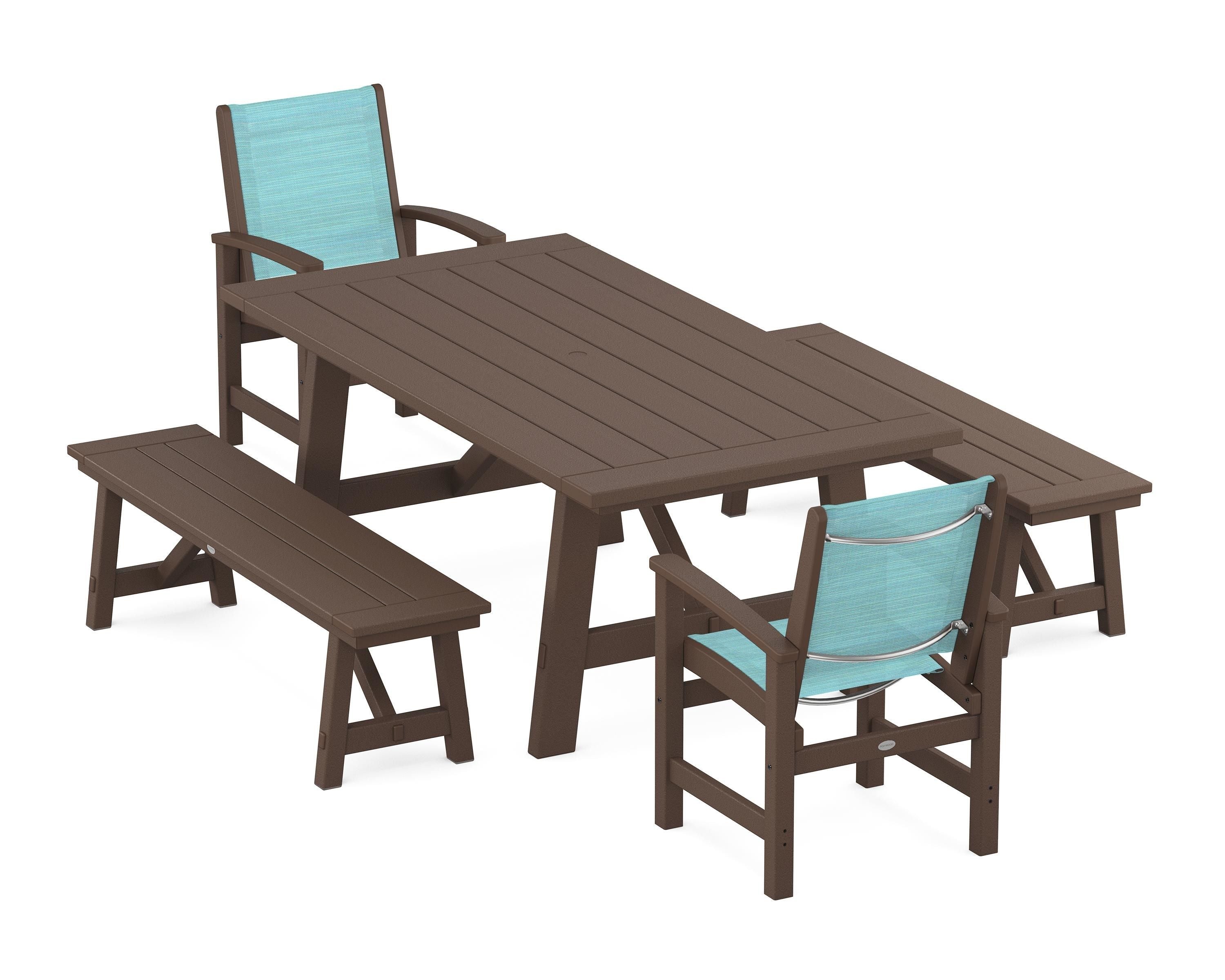 POLYWOOD® Coastal 5-Piece Rustic Farmhouse Dining Set With Benches in Mahogany / Dupioni Aquamarine Sling