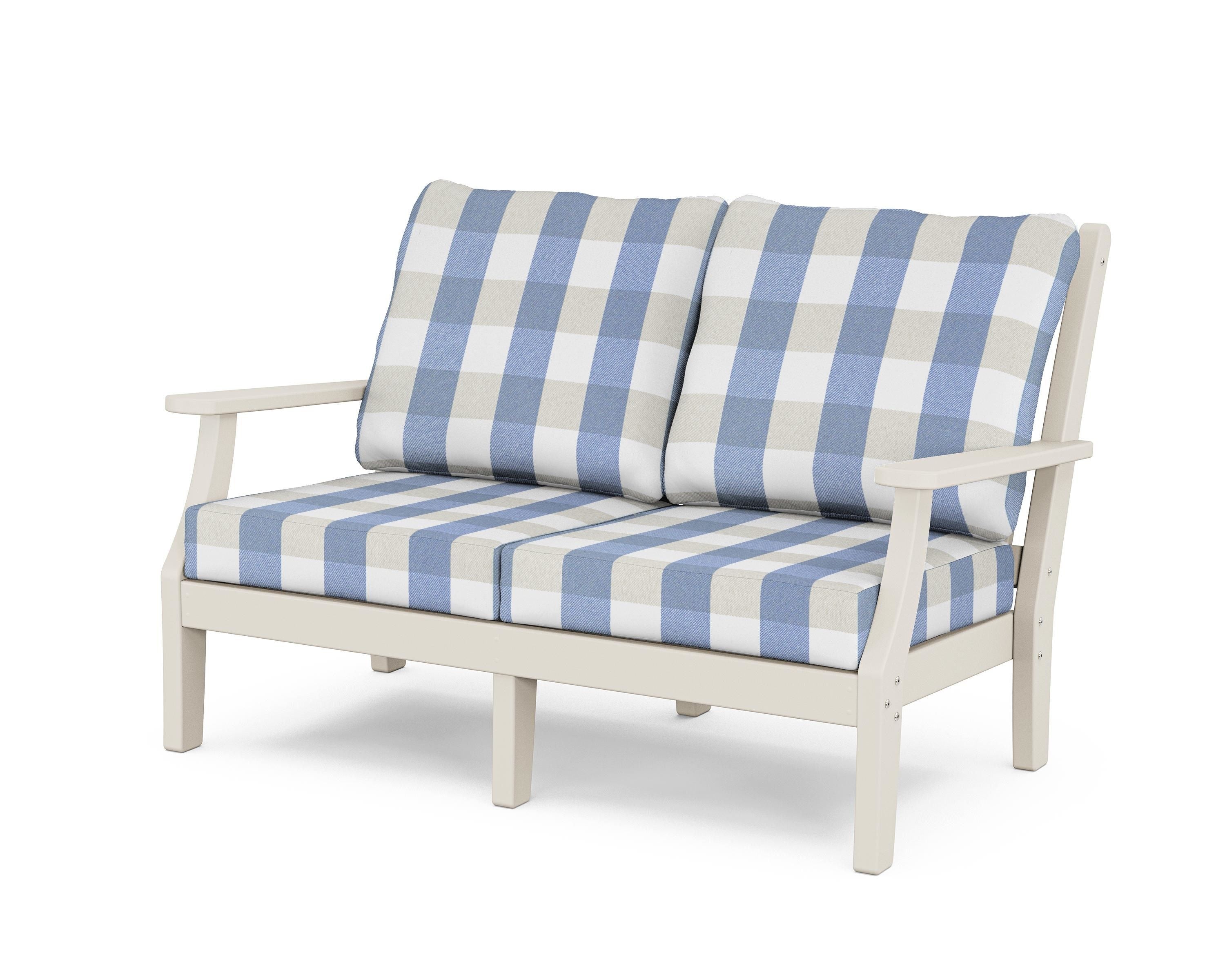 Country Living Wovendale Deep Seating Loveseat in Sand / Buffalo Plaid Sky Blue