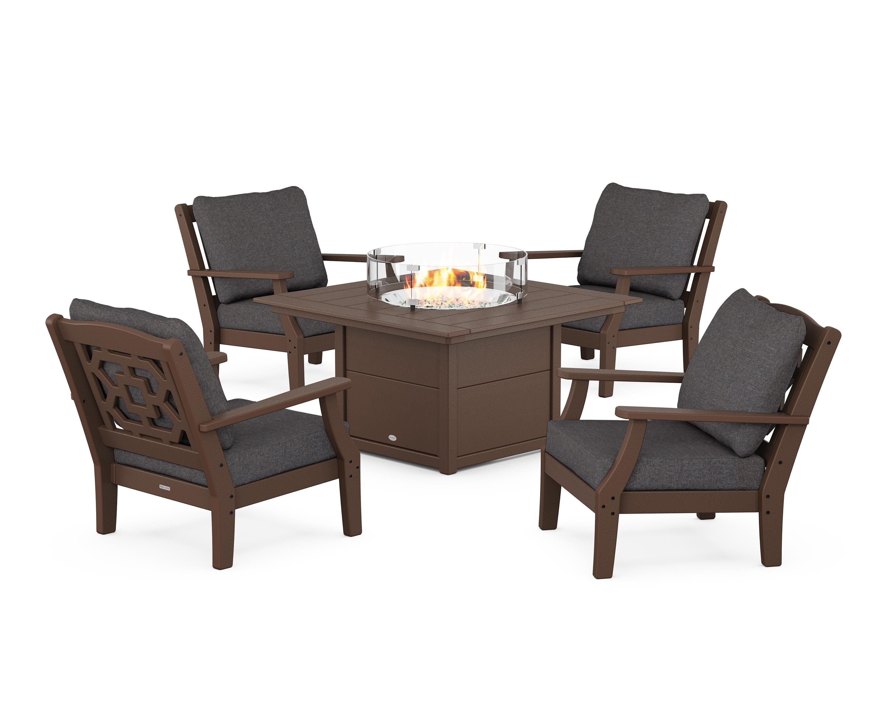Martha Stewart by POLYWOOD® Chinoiserie 5-Piece Deep Seating Set with Fire Pit Table in Mahogany / Ash Charcoal