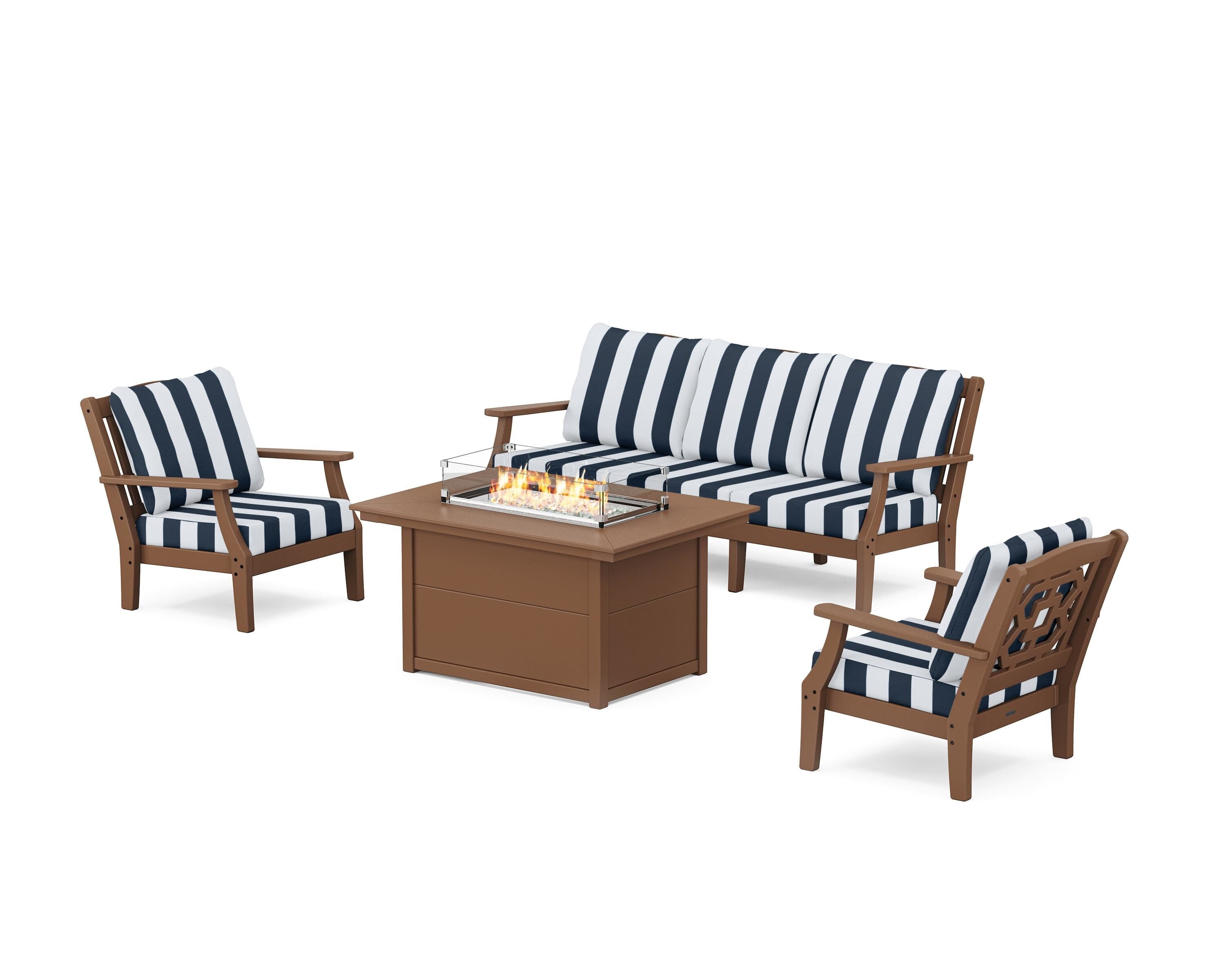 Martha Stewart by POLYWOOD® Chinoiserie Deep Seating Fire Pit Table Set in Teak / Cabana Stripe Marine Indigo