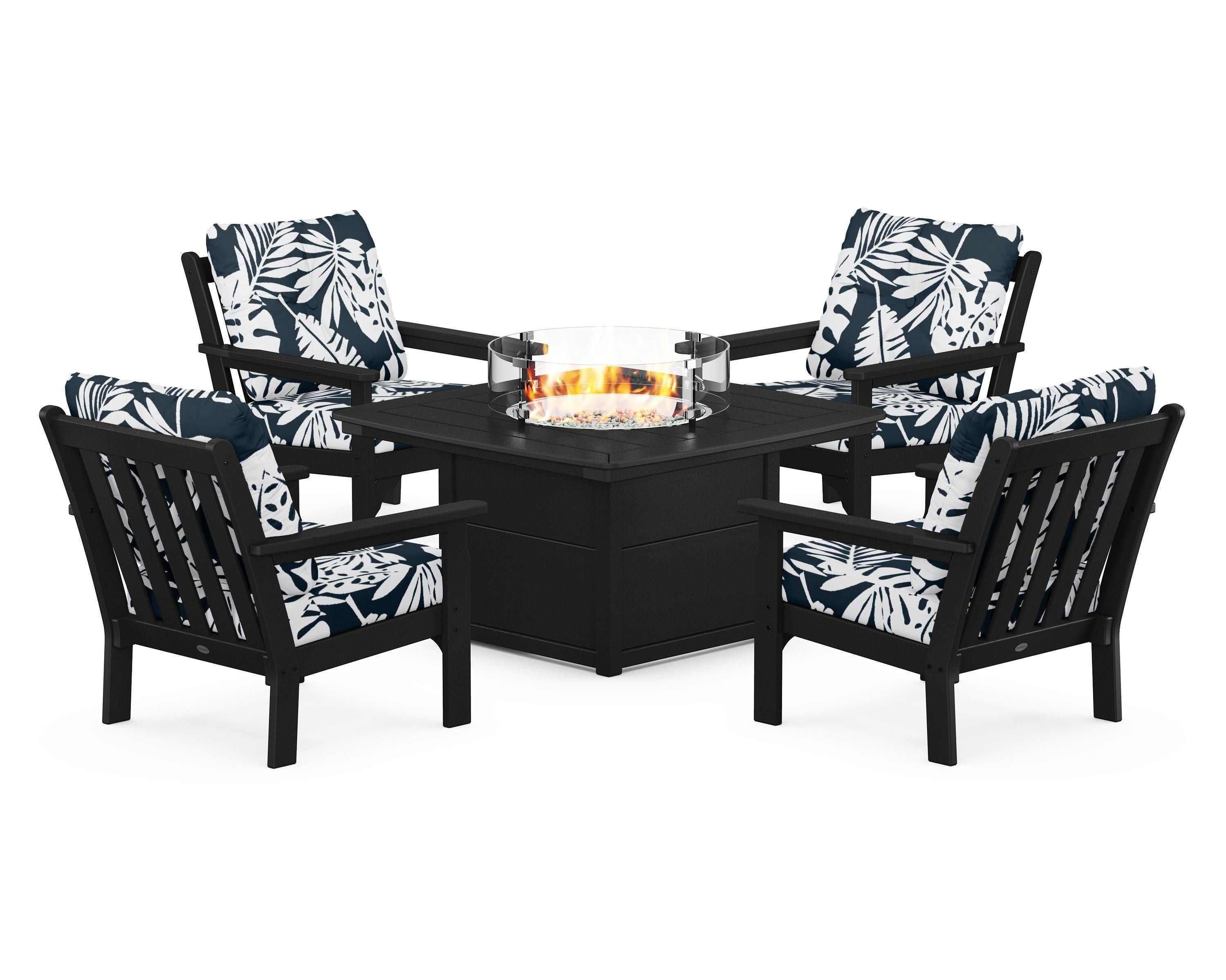 POLYWOOD® Vineyard 5-Piece Conversation Set with Fire Pit Table in Black / Leaf Marine Indigo