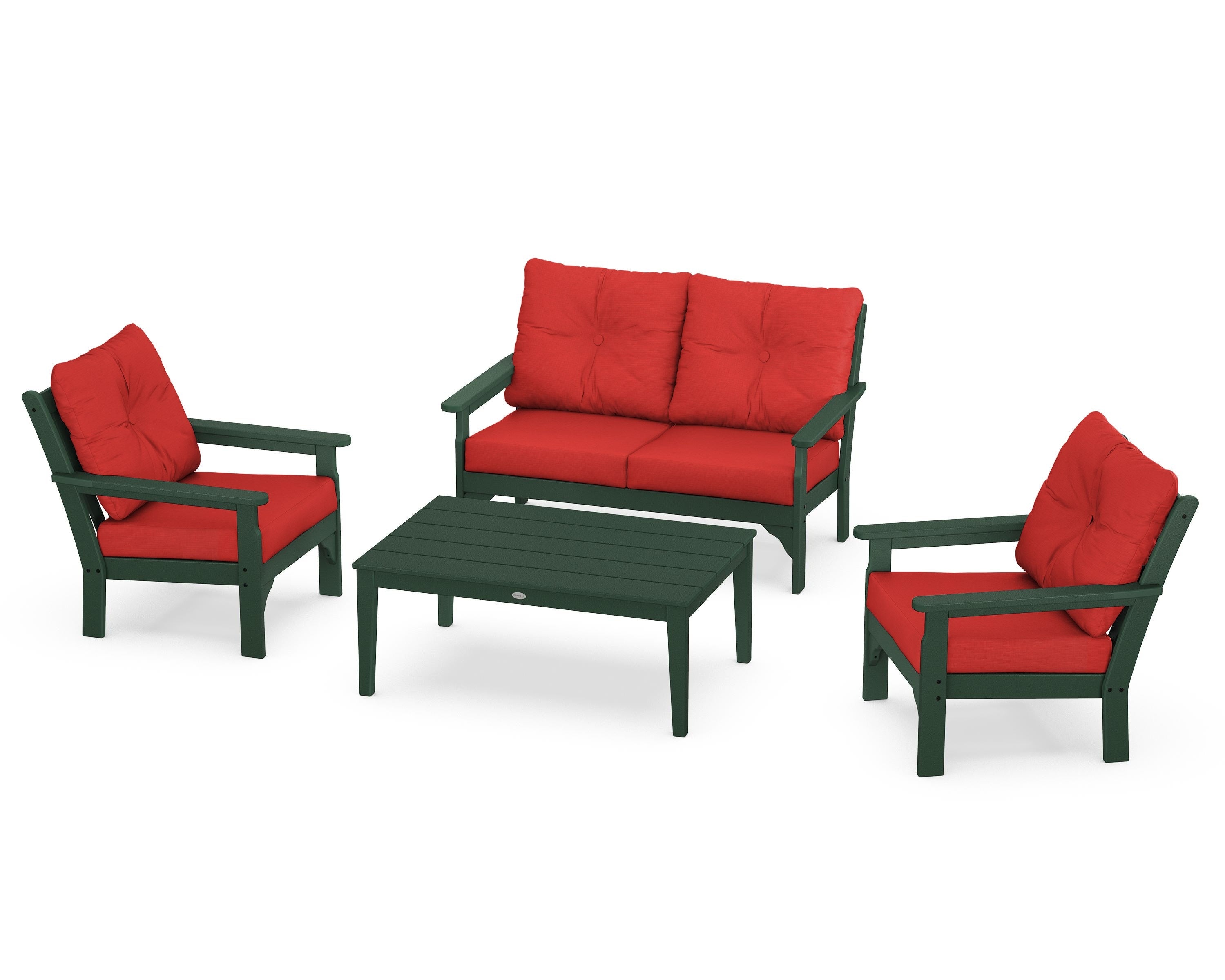 POLYWOOD® Vineyard 4-Piece Deep Seating Set in Green / Crimson Linen