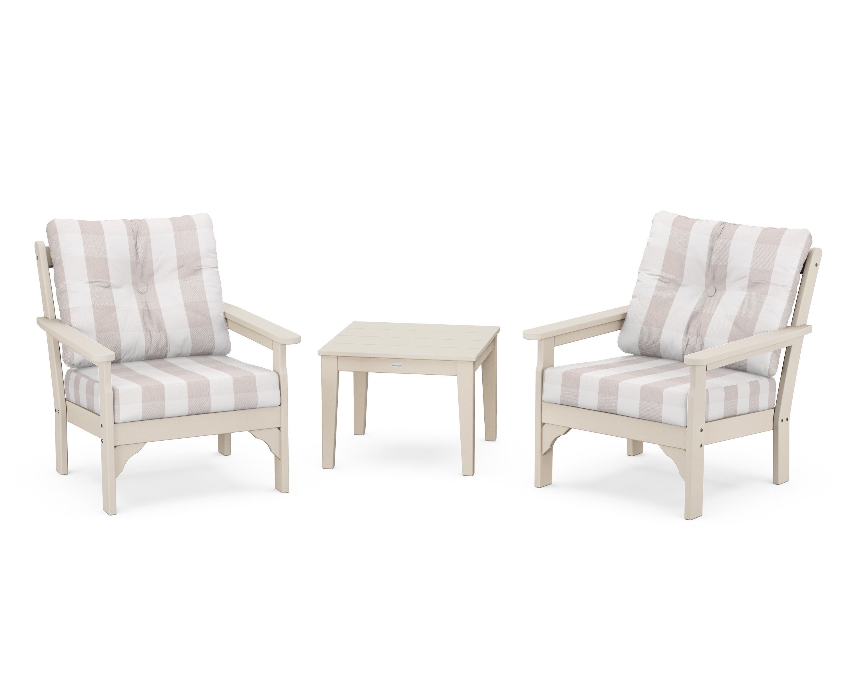 POLYWOOD® Vineyard 3-Piece Deep Seating Set in Sand / Buffalo Plaid Dune Burlap