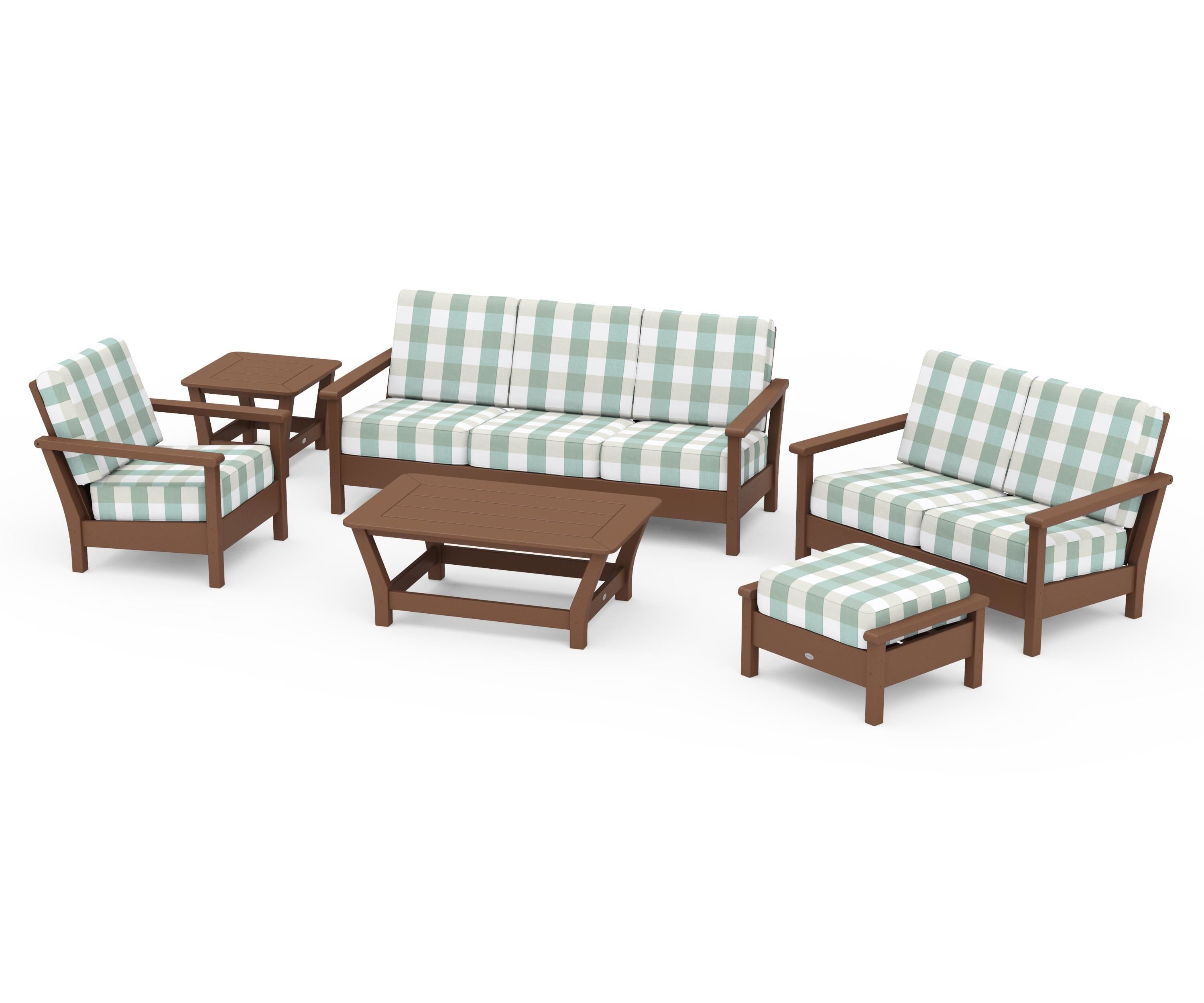 POLYWOOD® Harbour 6-Piece Outdoor Living Set in Teak / Buffalo Plaid Glacier Spa