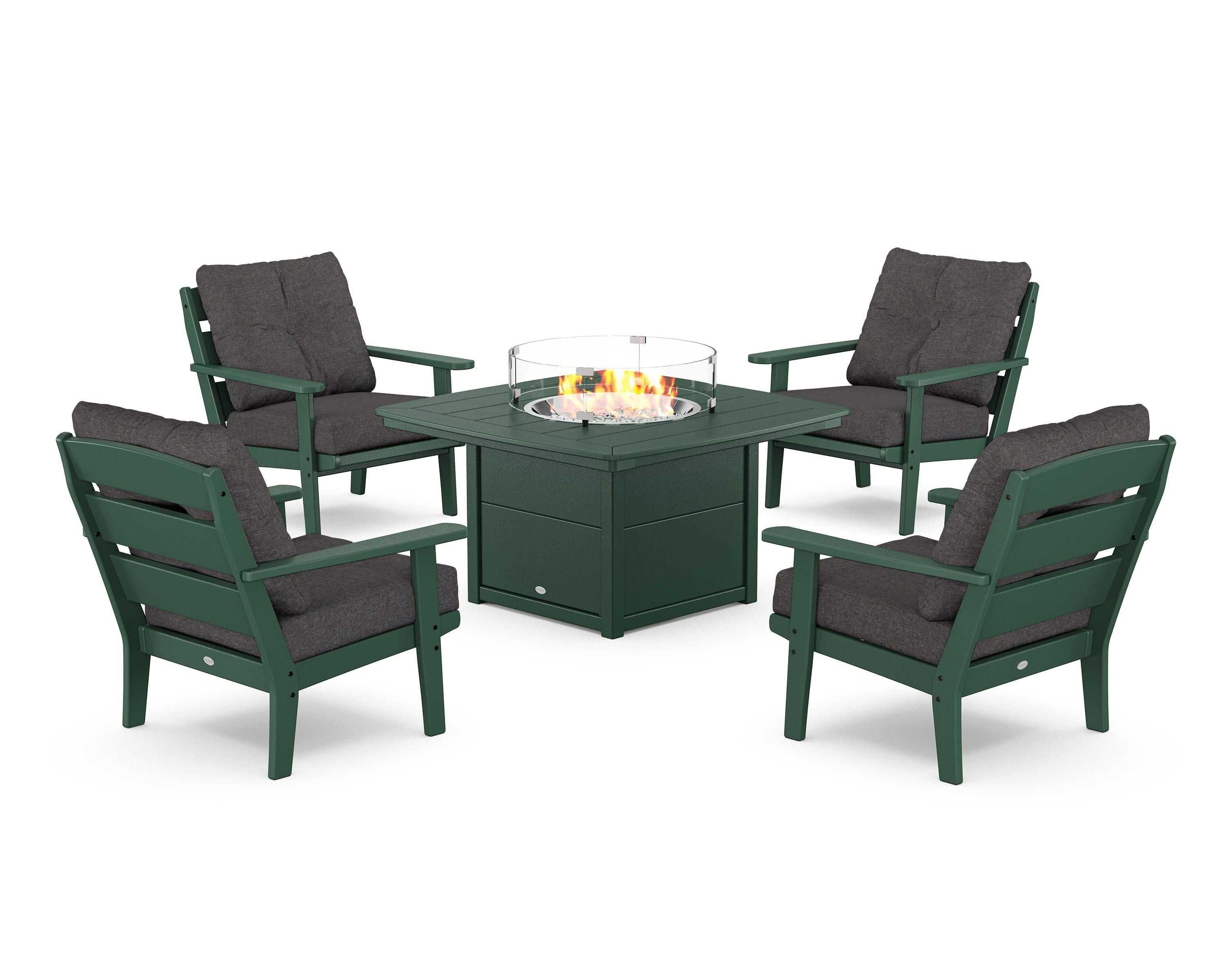 POLYWOOD® Lakeside 5-Piece Deep Seating Set with Nautical Fire Pit Table in Green / Ash Charcoal