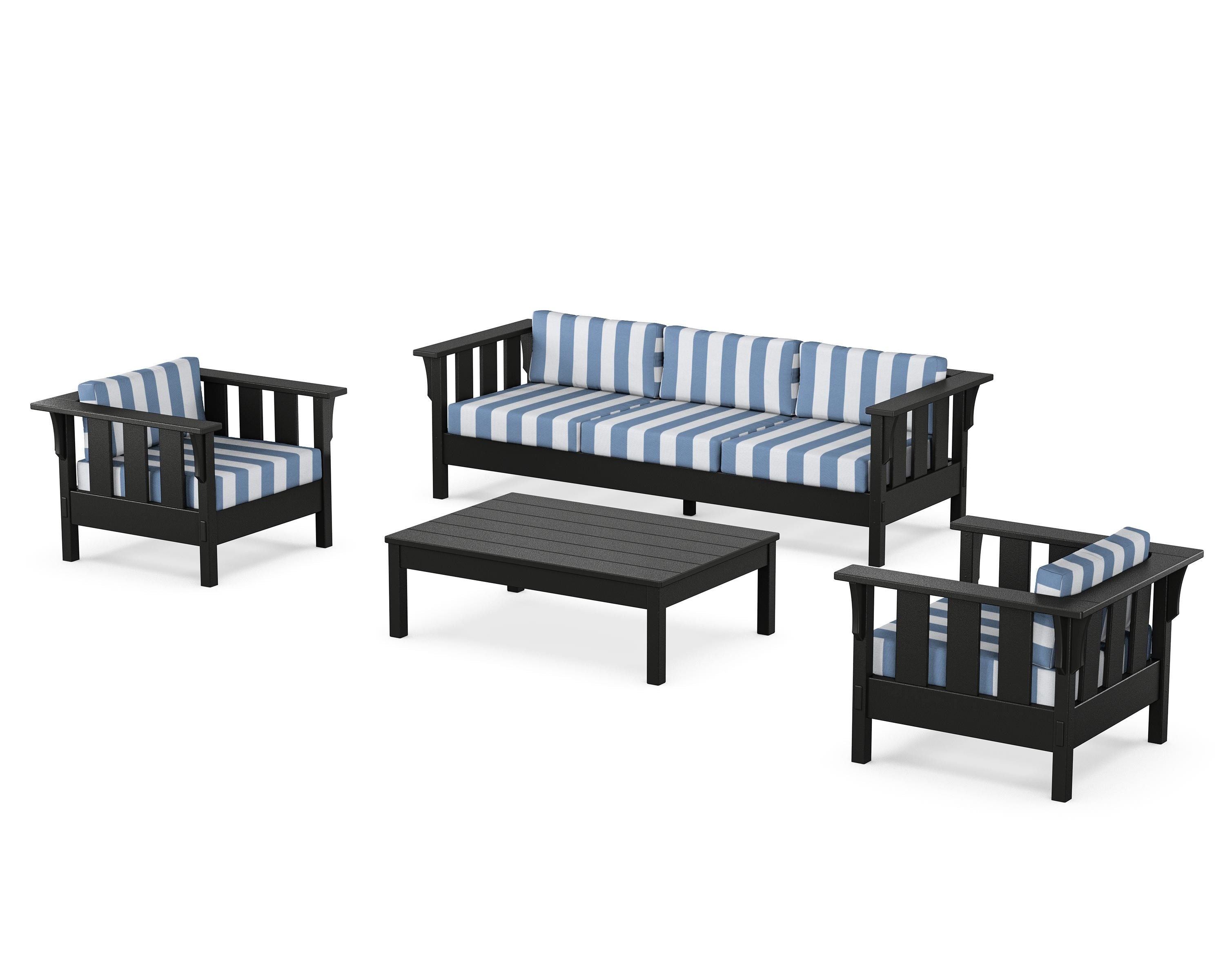 Martha Stewart by POLYWOOD® Acadia 4-Piece Deep Seating Set with Sofa in Black / Cabana Stripe Sky Blue