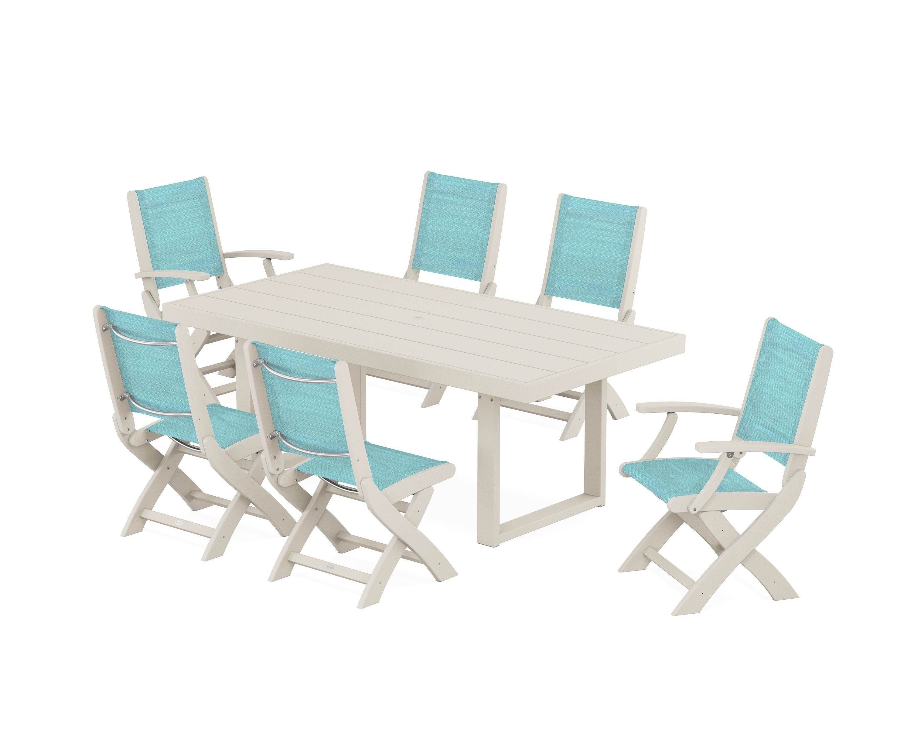 POLYWOOD® Coastal Folding Chair 7-Piece Dining Set with Trestle Legs in Sand / Dupioni Aquamarine Sling