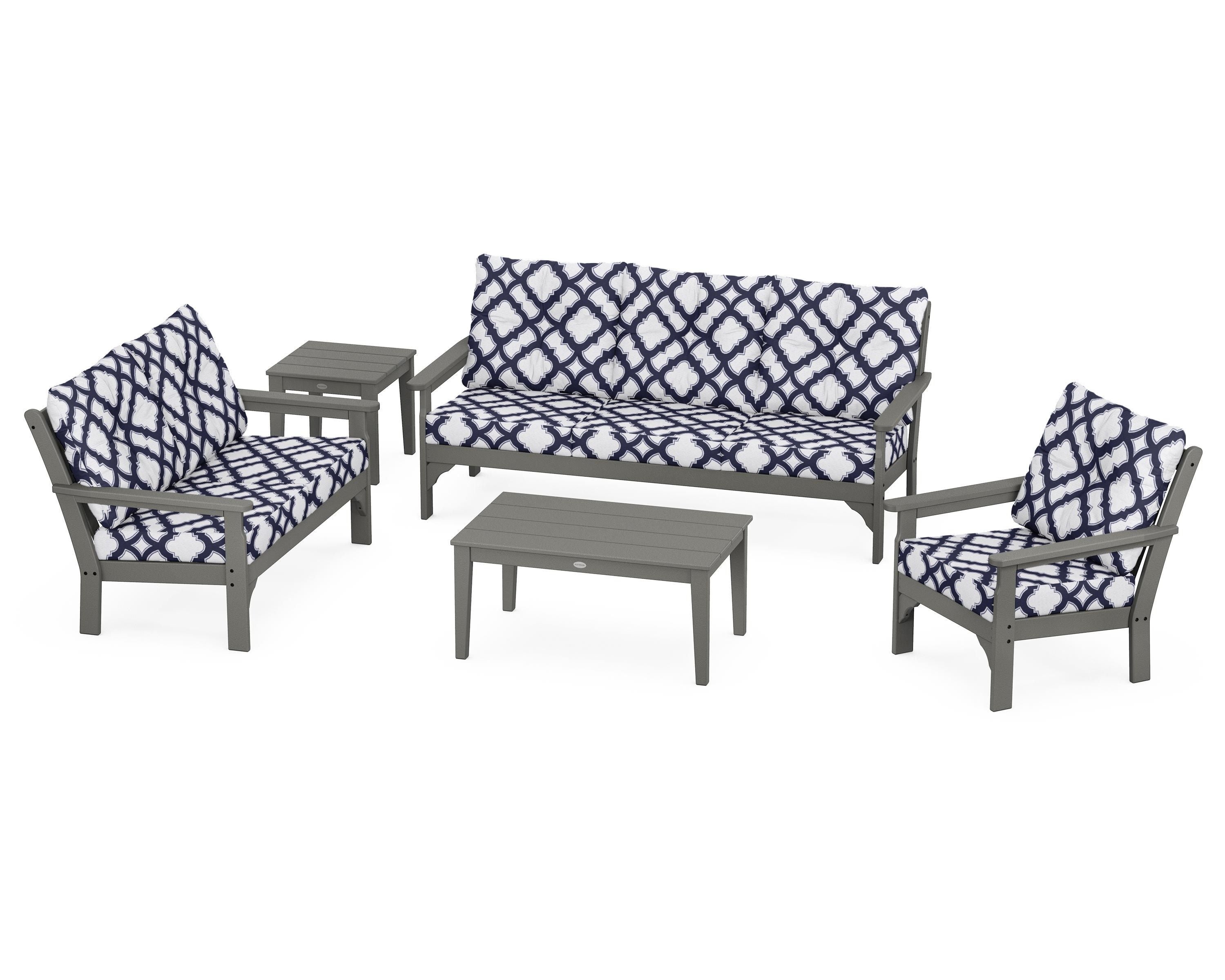 POLYWOOD® Vineyard 5 Piece Deep Seating Set in Slate Grey / Trellis Navy
