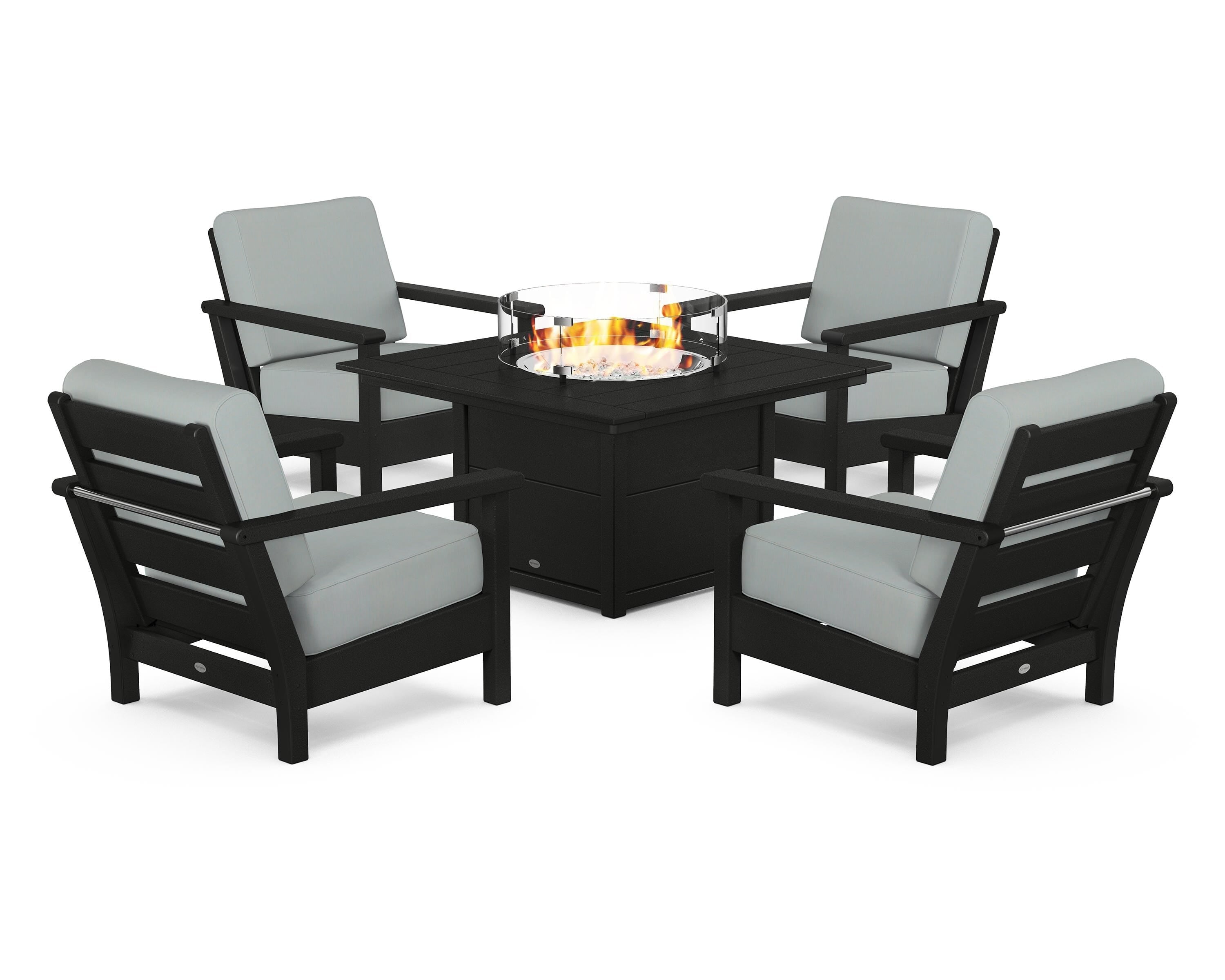 POLYWOOD® Harbour 5-Piece Conversation Set with Fire Pit Table in Black / Spa