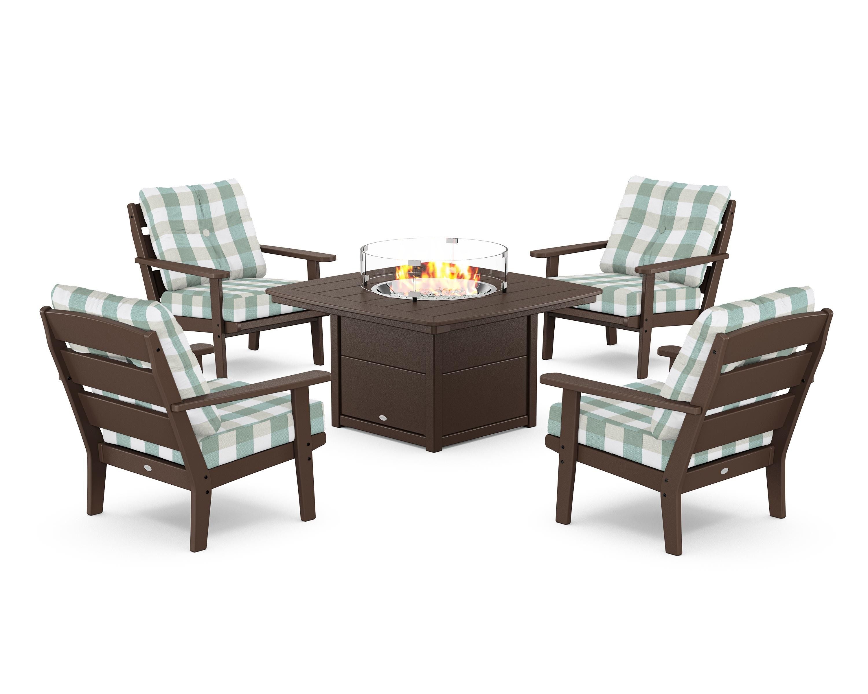POLYWOOD® Lakeside 5-Piece Deep Seating Set with Nautical Fire Pit Table in Mahogany / Buffalo Plaid Glacier Spa