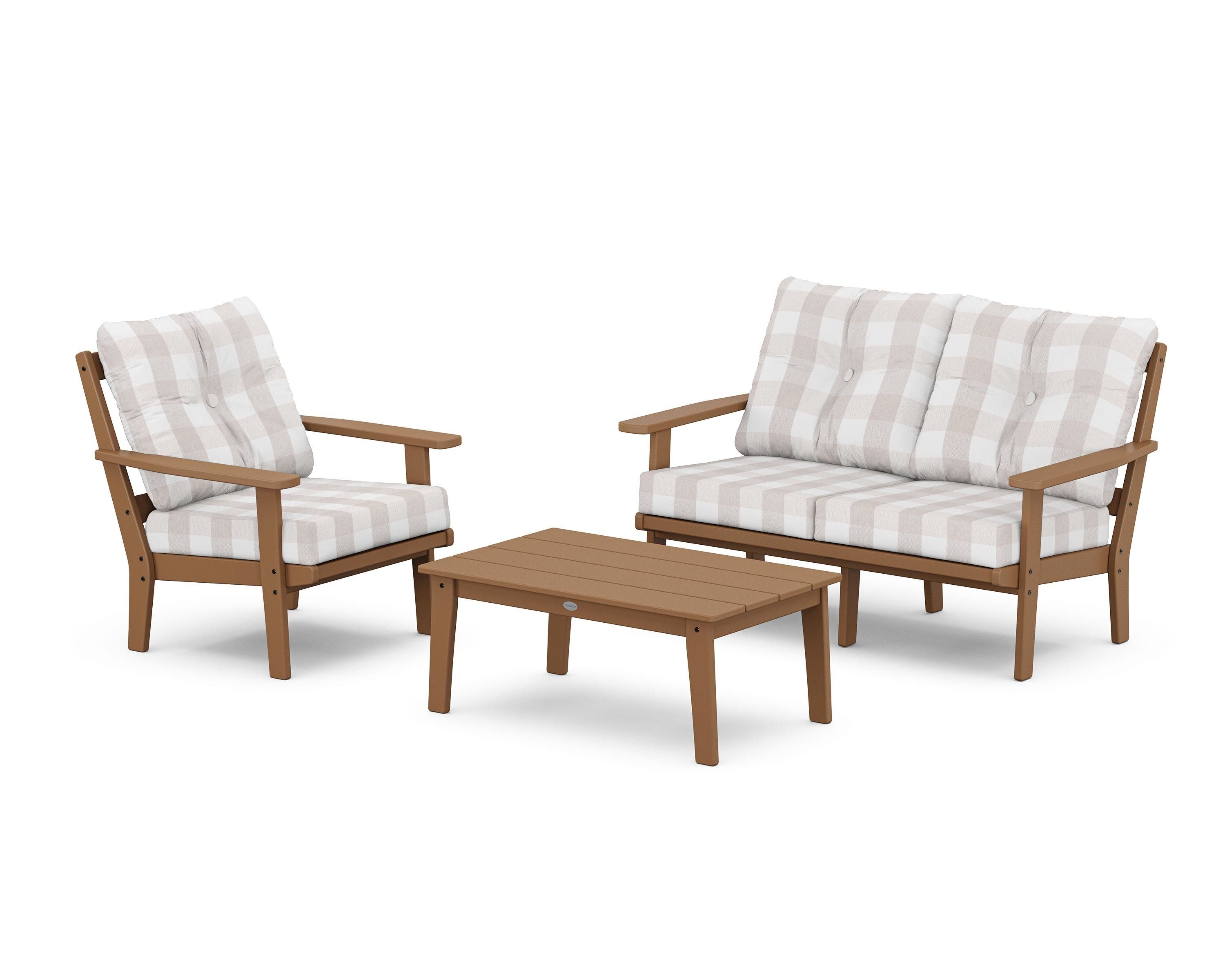 POLYWOOD® Prairie 3-Piece Deep Seating Set with Loveseat in Teak / Buffalo Plaid Dune Burlap