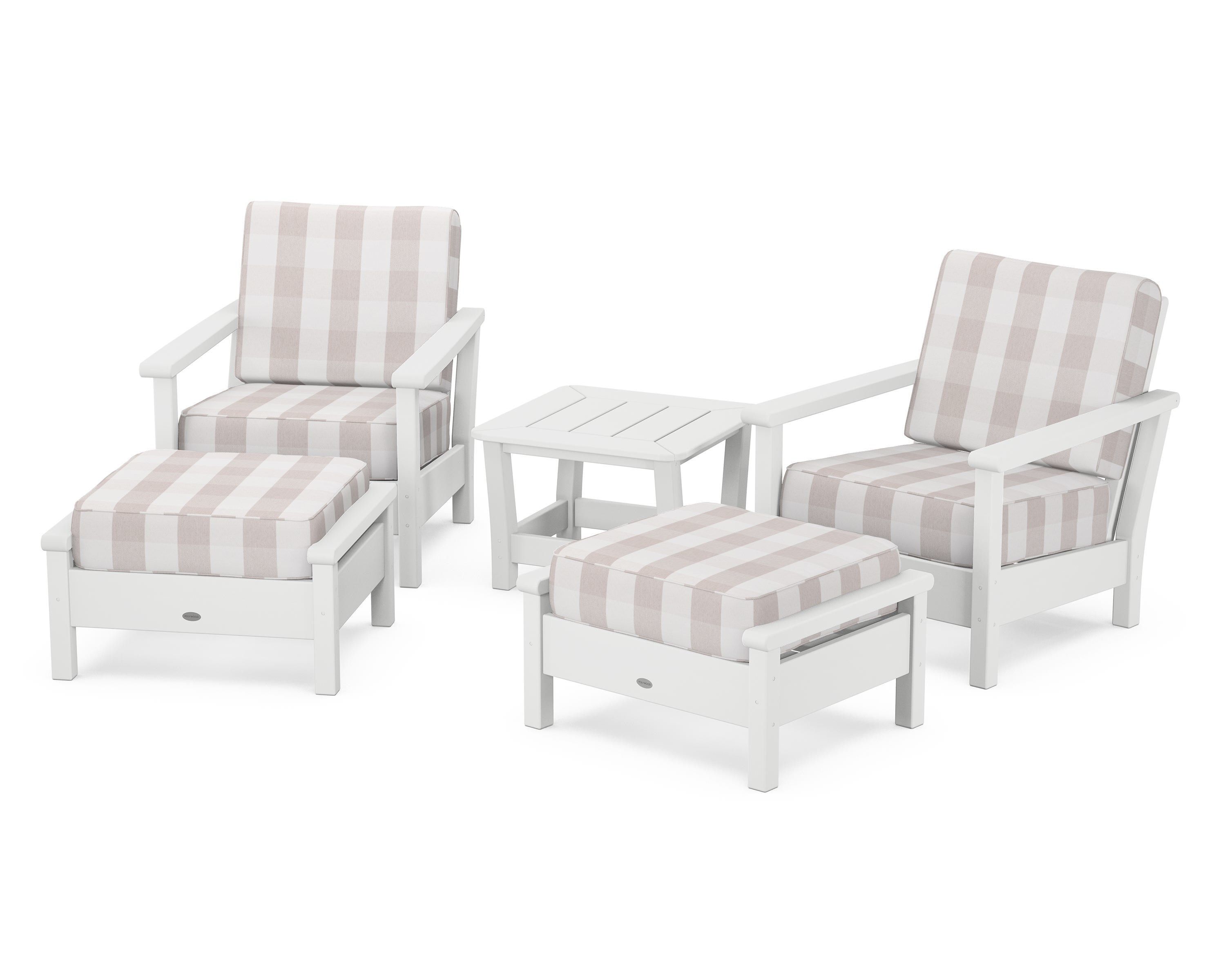 POLYWOOD® Harbour 5-Piece Deep Seating Chair Set in White / Buffalo Plaid Dune Burlap