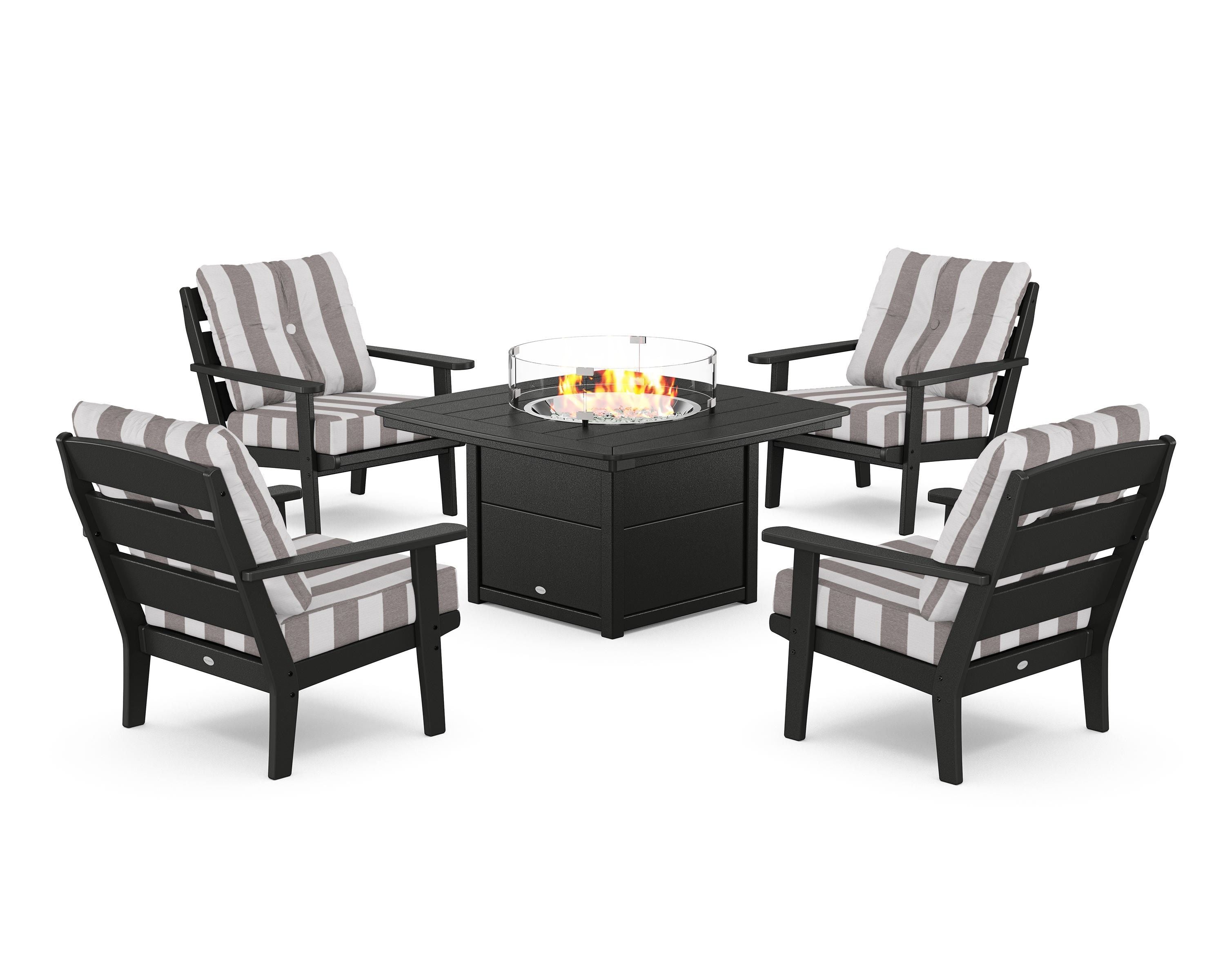 POLYWOOD® Lakeside 5-Piece Deep Seating Set with Nautical Fire Pit Table in Black / Cabana Stripe Grey Mist