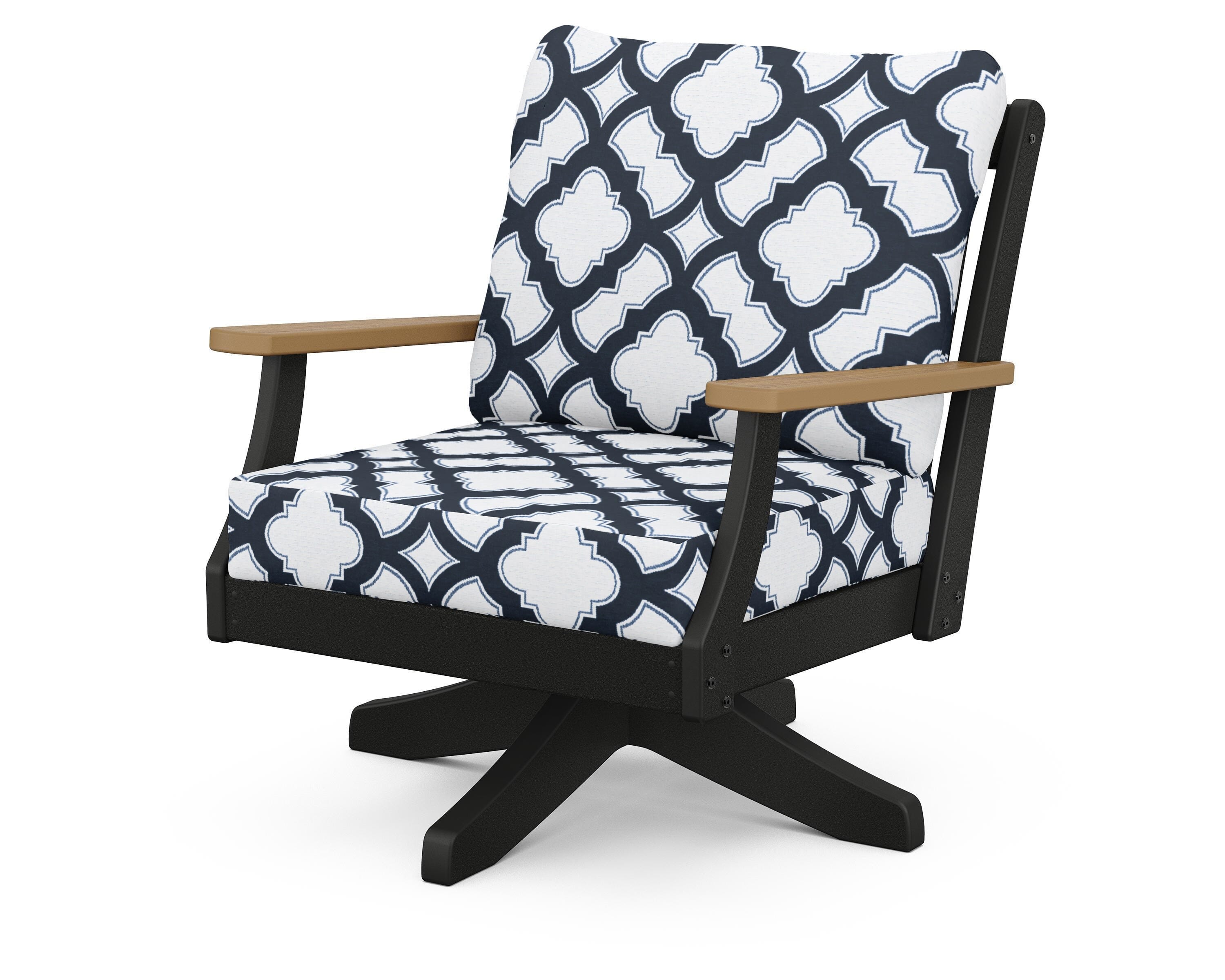 POLYWOOD® Braxton Deep Seating Swivel Chair in Black / Natural / Trellis Marine Indigo