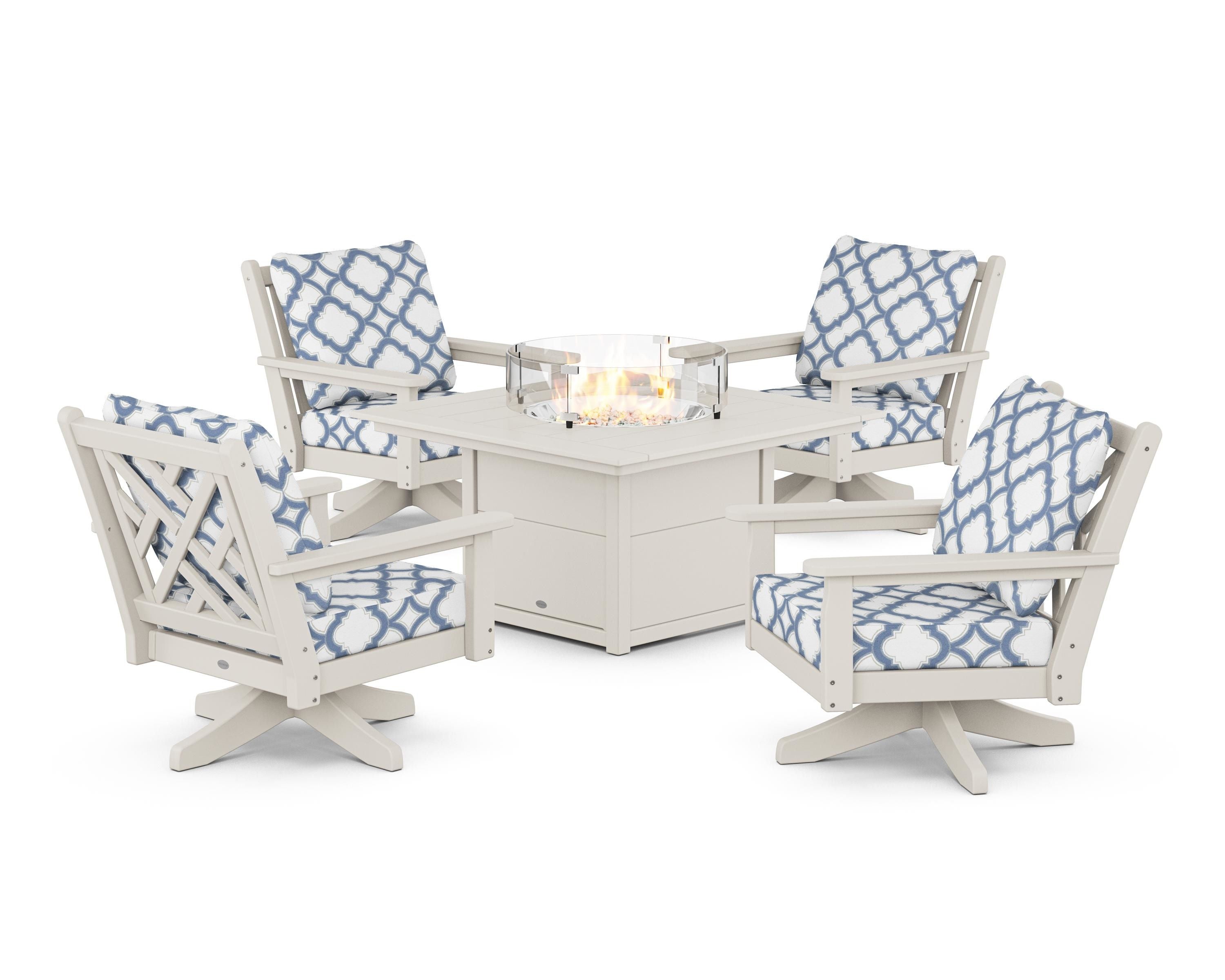 POLYWOOD® Chippendale 5-Piece Deep Seating Swivel Conversation Set with Fire Pit Table in Sand / Trellis Sky Blue