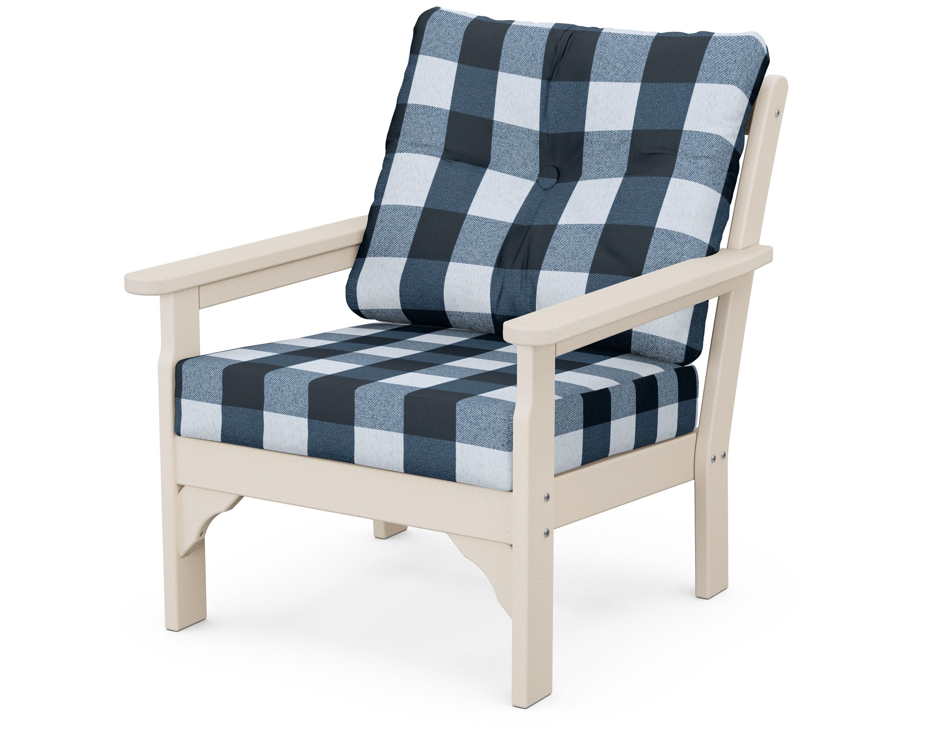 POLYWOOD® Vineyard Deep Seating Chair in Sand / Buffalo Plaid Marine Indigo