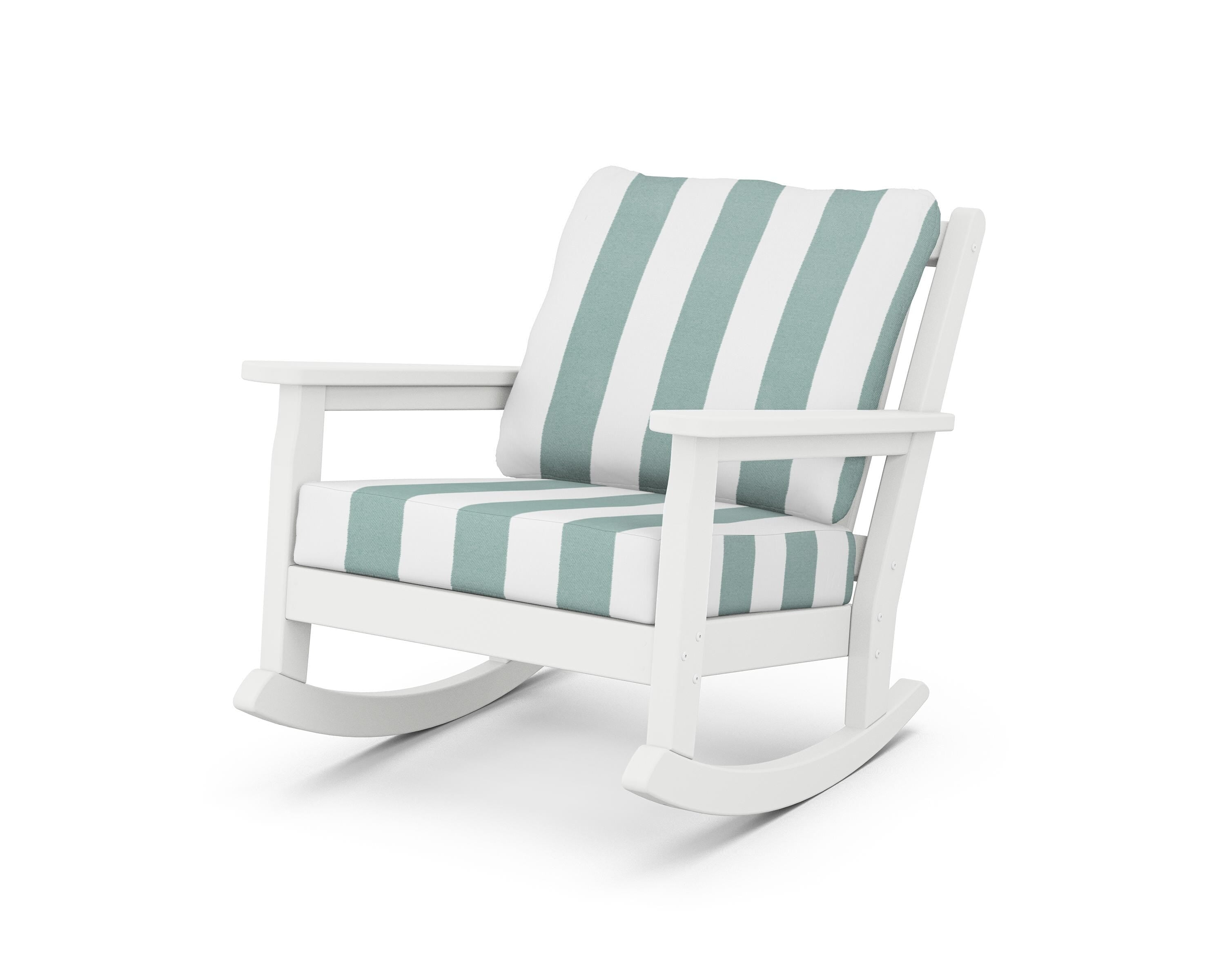 POLYWOOD® Chippendale Deep Seating Rocking Chair in White / Cabana Stripe Glacier Spa