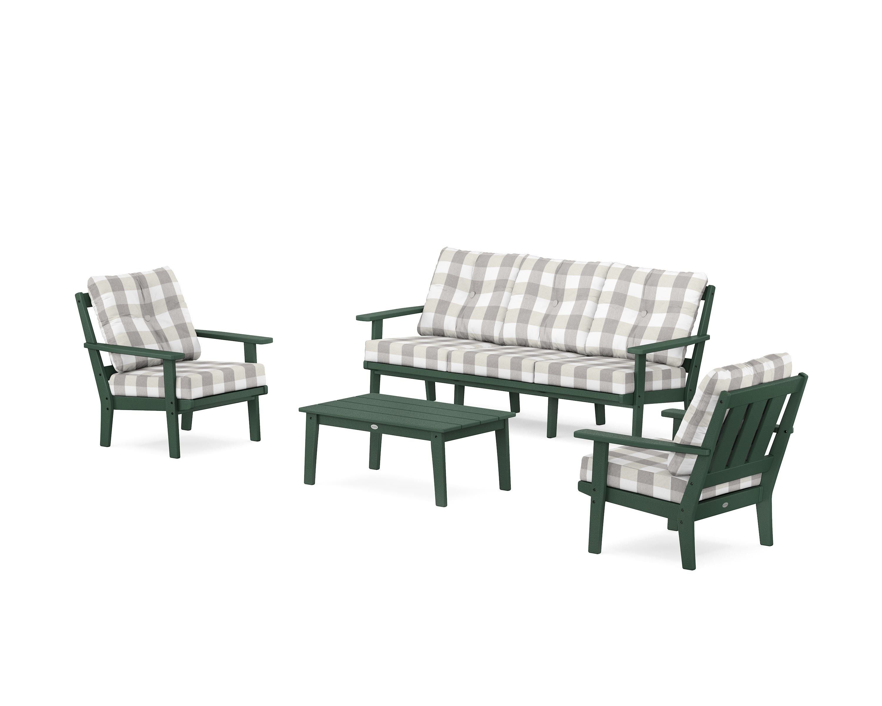 POLYWOOD® Oxford 4-Piece Deep Seating Set with Sofa in Green / Buffalo Plaid Grey Mist