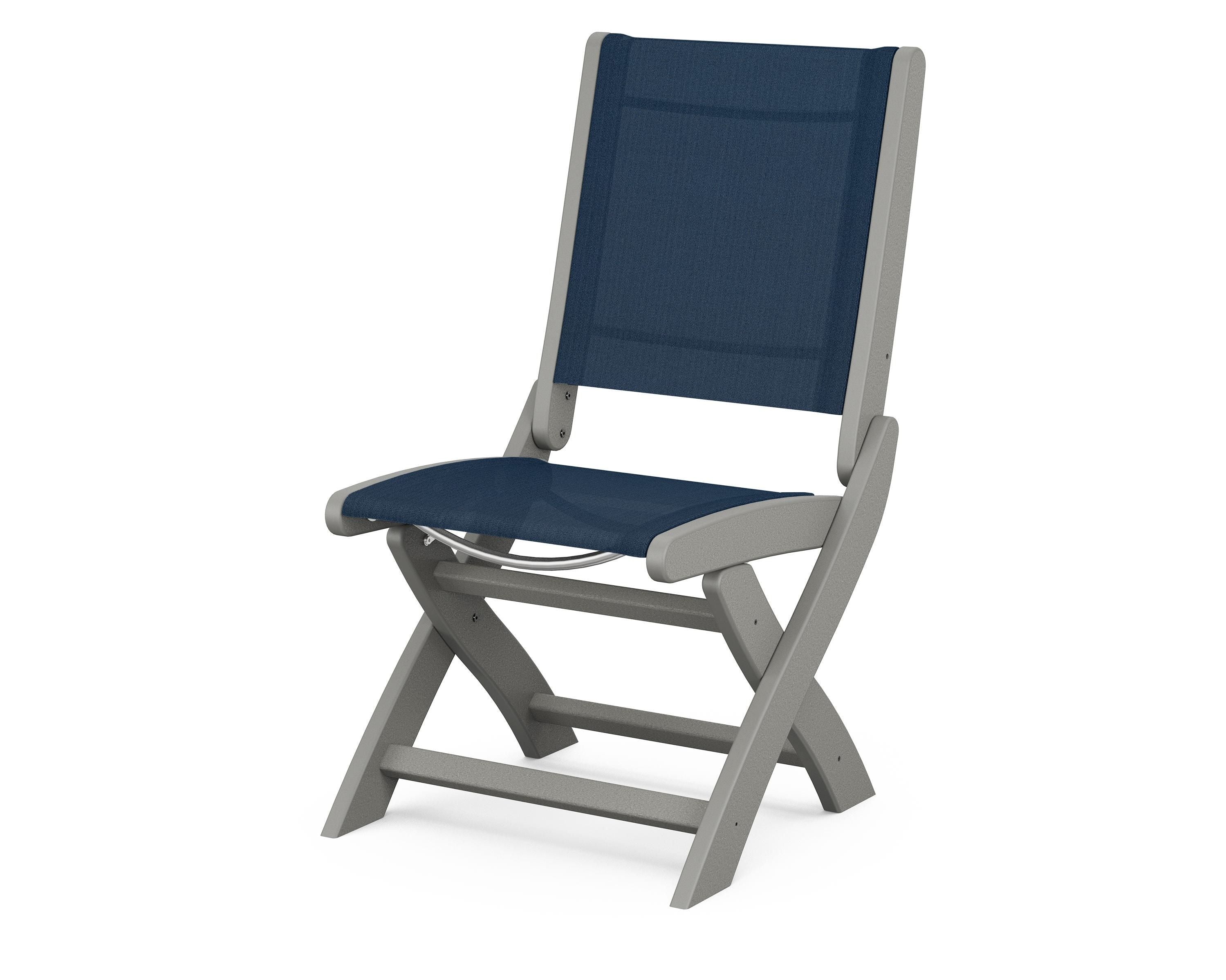 POLYWOOD® Coastal Folding Side Chair in Slate Grey / Navy Blue Sling