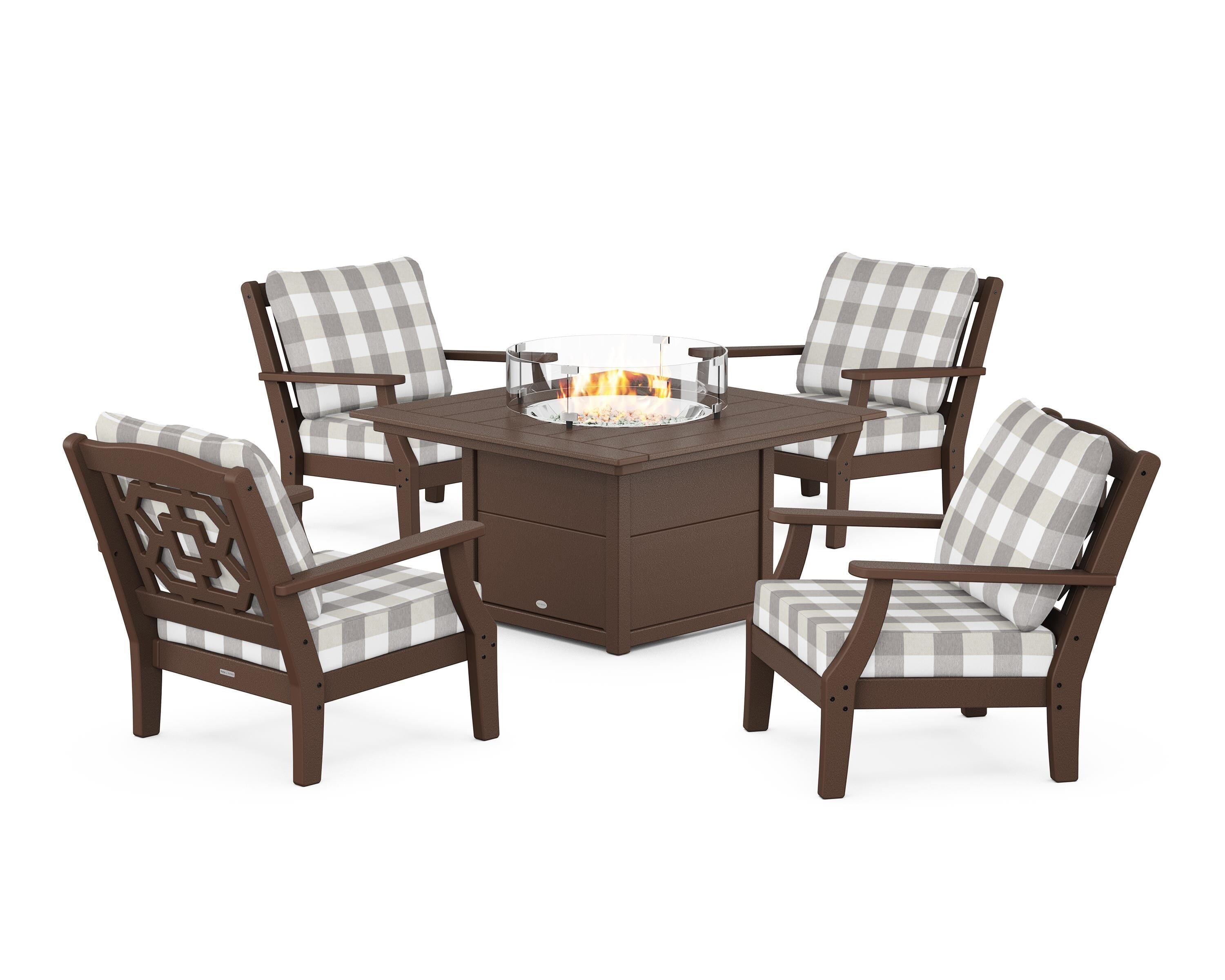 Martha Stewart by POLYWOOD® Chinoiserie 5-Piece Deep Seating Set with Fire Pit Table in Mahogany / Buffalo Plaid Grey Mist