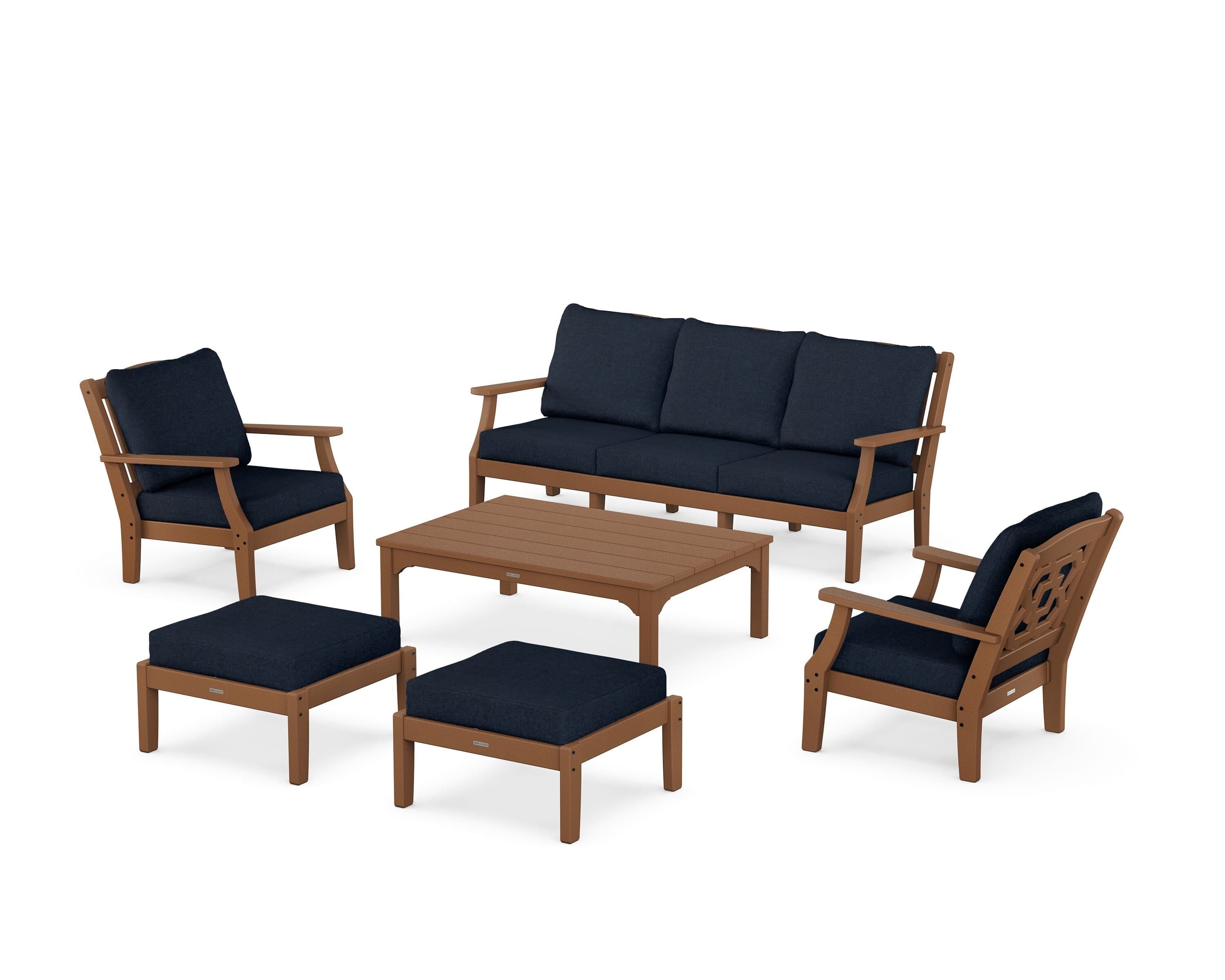 Martha Stewart by POLYWOOD® Chinoiserie 6-Piece Lounge Sofa Set in Teak / Marine Indigo