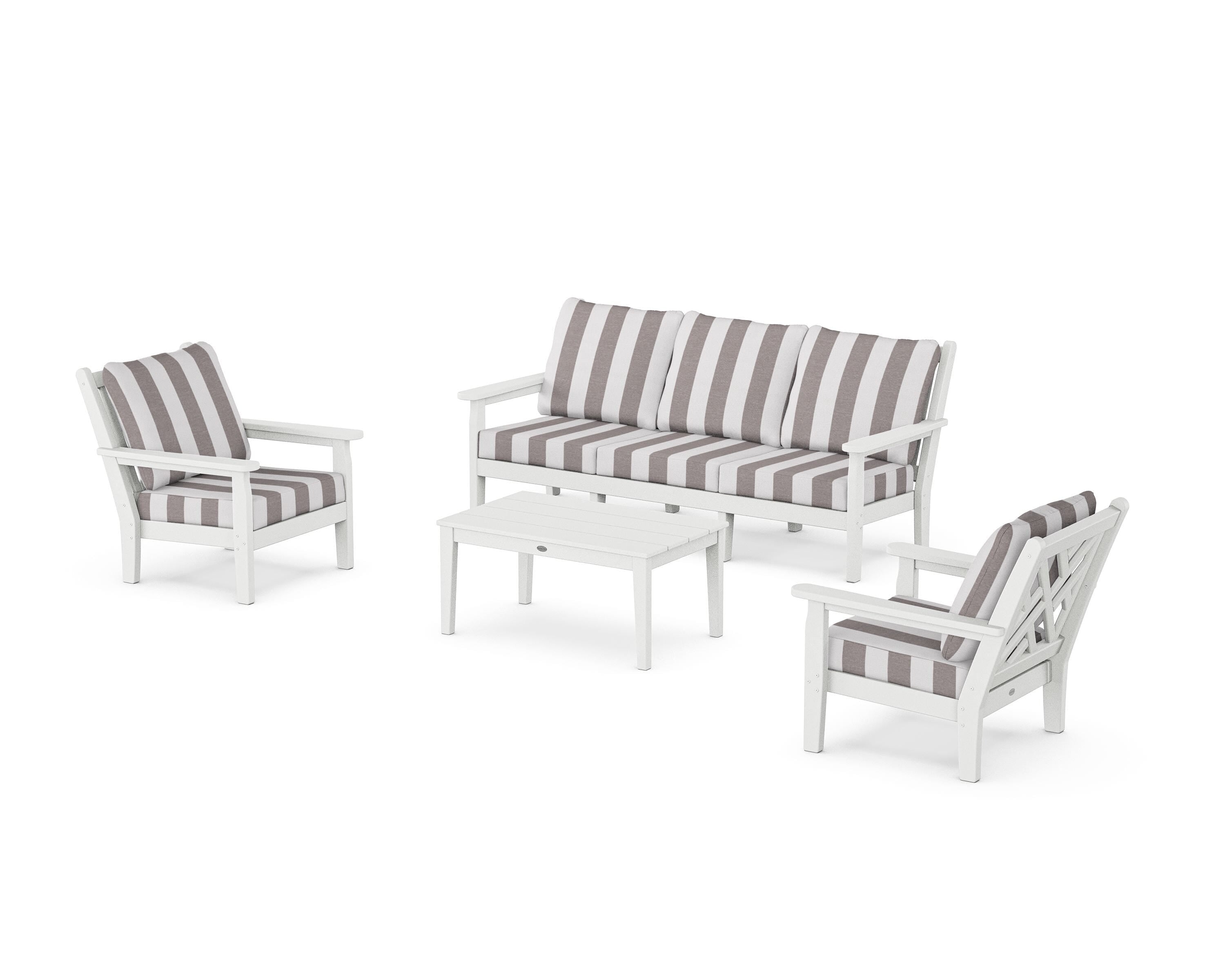 POLYWOOD® Chippendale 4-Piece Deep Seating Set with Sofa in White / Cabana Stripe Grey Mist