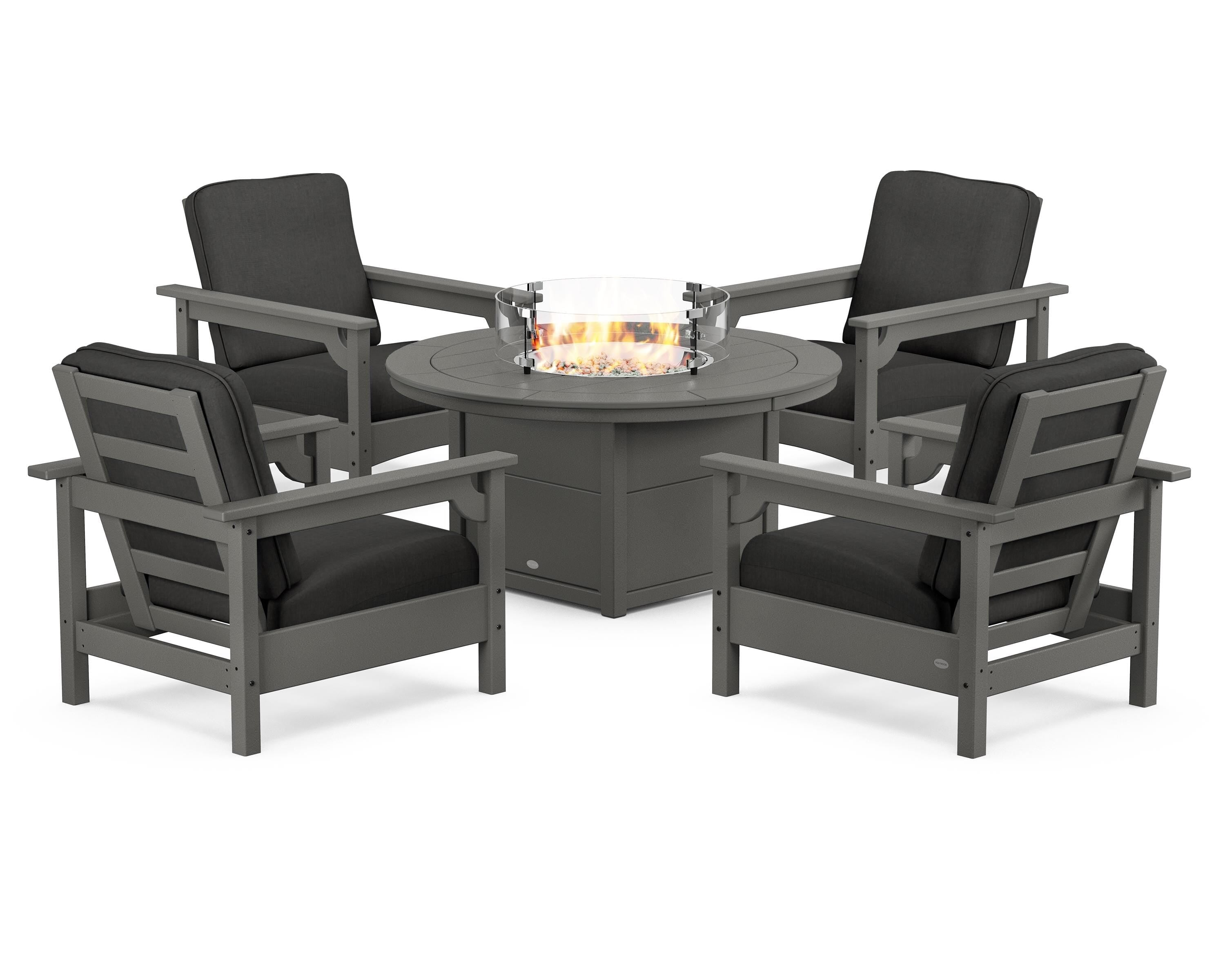 POLYWOOD® Club 5-Piece Conversation Set with Fire Pit Table in Slate Grey / Spectrum Carbon