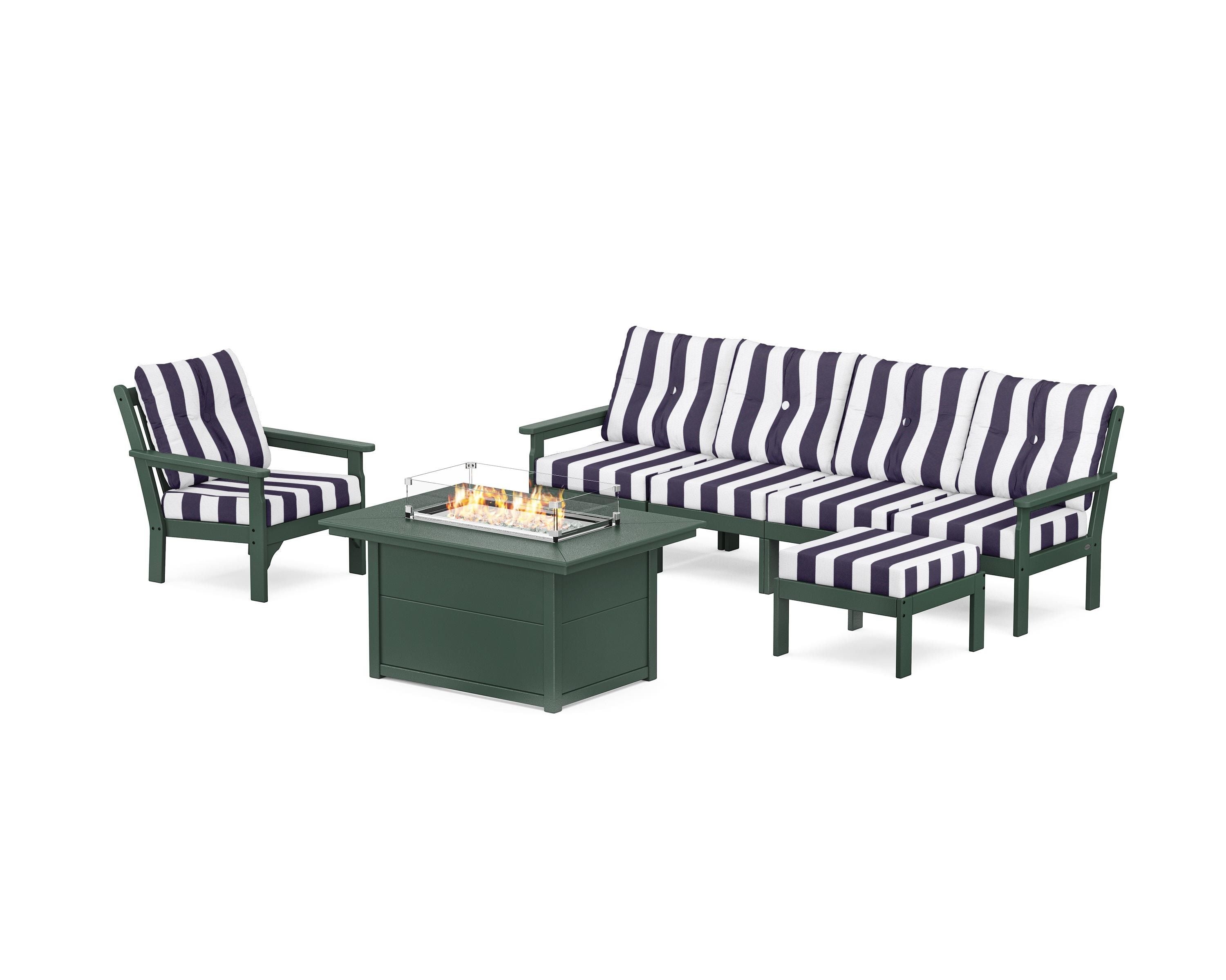 POLYWOOD® Vineyard Sectional Lounge and Fire Pit Set in Green / Cabana Stripe Navy